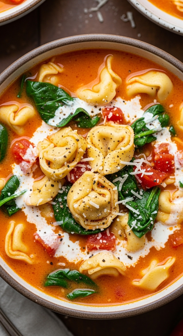 15 Minute Prep Creamy Tortellini Soup With Spinach Tomato Chunks Cream Swirl Pepper And Parmesan In Rustic Soup Bowl With Soft Inviting Light