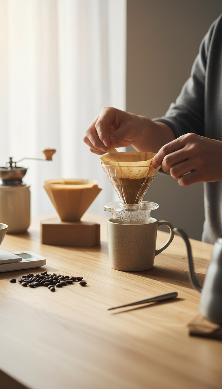 A Testing Setup Showing A Pour-Over Dripper With An Unbleached Filter, A Bag Of Coffee Beans, A Timer, And A Drip Machine In The Background.