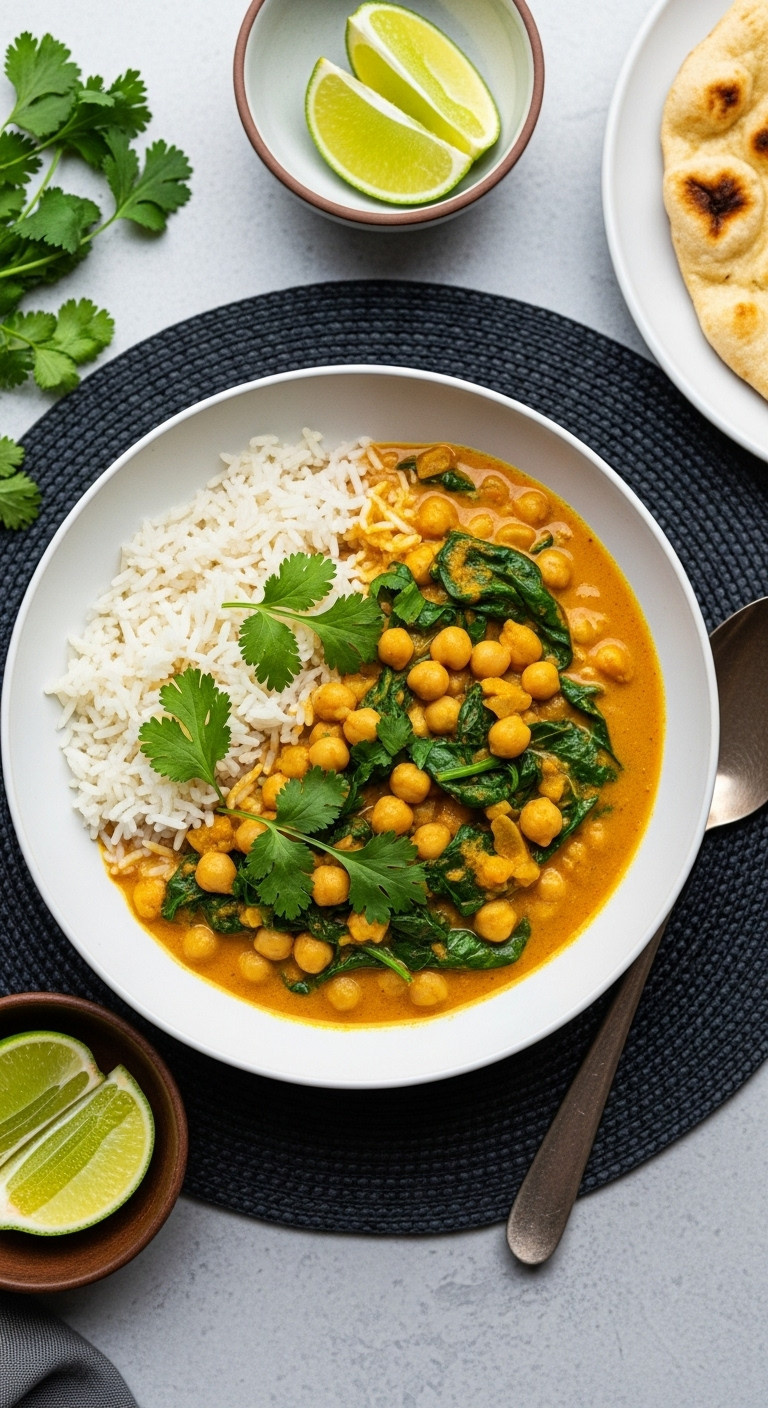 20 Minute Chickpea Curry With Coconut Milk Spinach And Cilantro Over White Rice On A Dark Placemat