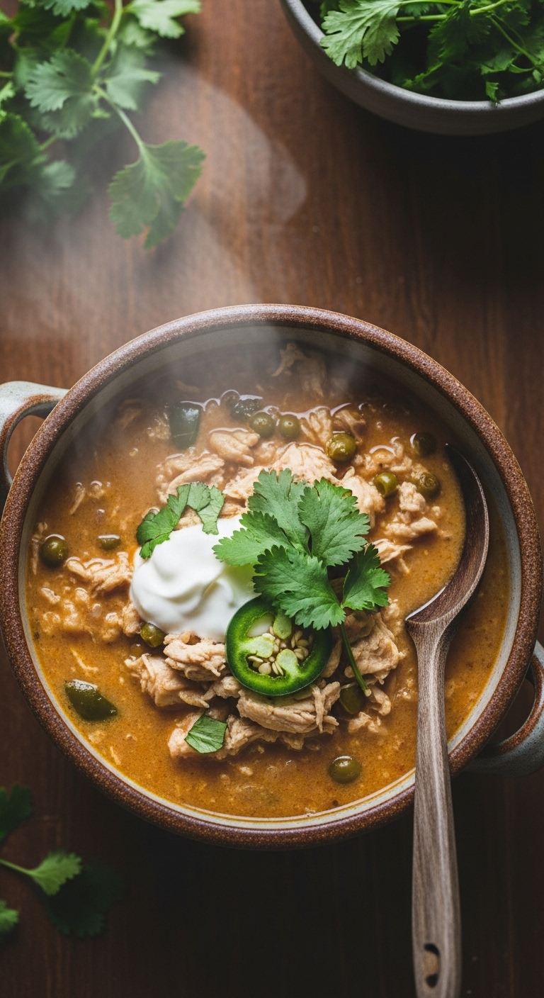 20 Minute Creamy White Chicken Chili In Rustic Bowl With Cilantro Yogurt Jalapeno Steam