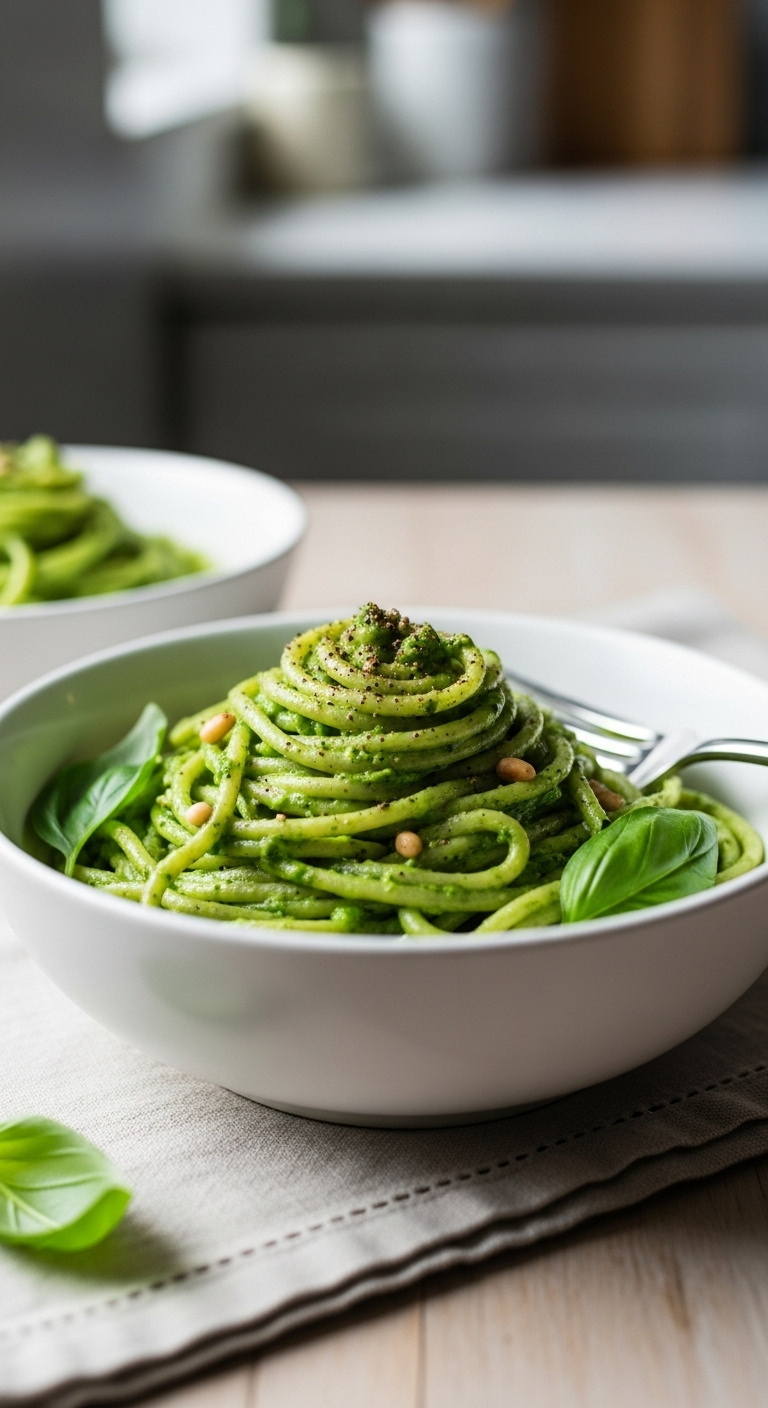 20 Minute Green Pasta With Spinach Sauce Black Pepper And Pine Nuts In White Bowl With Fork And Basil Leaf