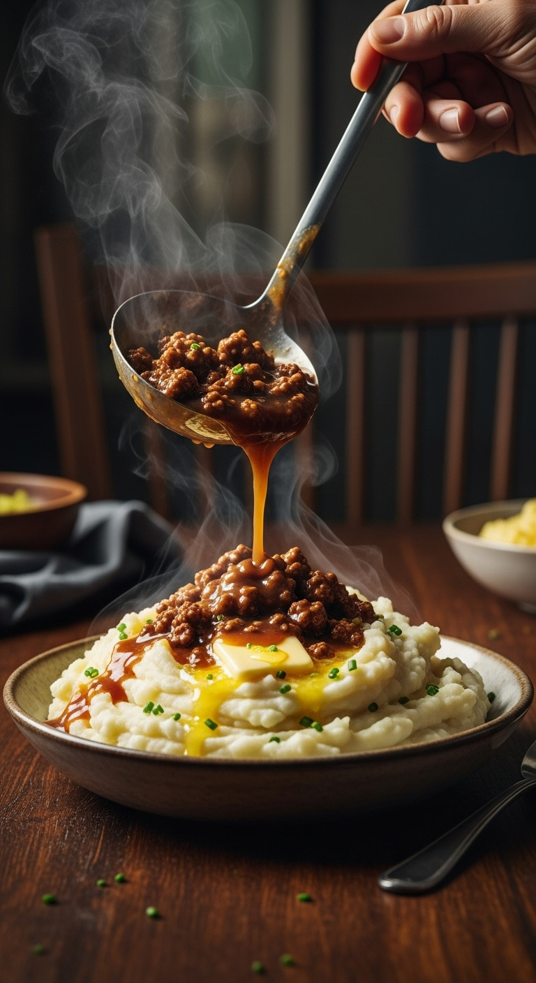 20-Minute-Ground-Beef-And-Gravy-Mashed-Potatoes-Butter-Chives