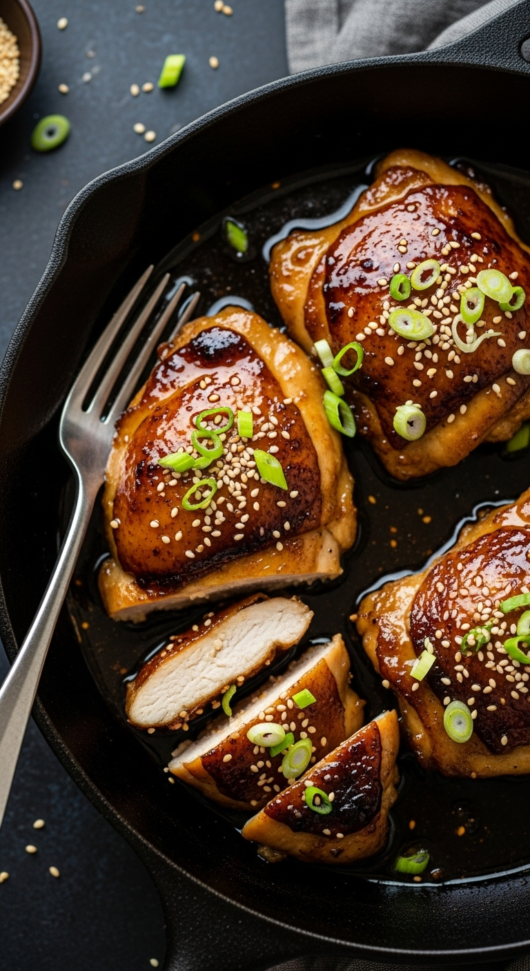 20-Minute-Honey-Garlic-Chicken-Thighs-Glossy-Sauce-Cast-Iron-Skillet-Sesame-Seeds