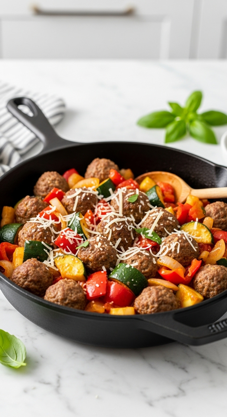 20-Minute-Italian-Meatball-Skillet-With-Bell-Pepper-Zucchini-Tomato-Sauce-Parmesan-And-Basil