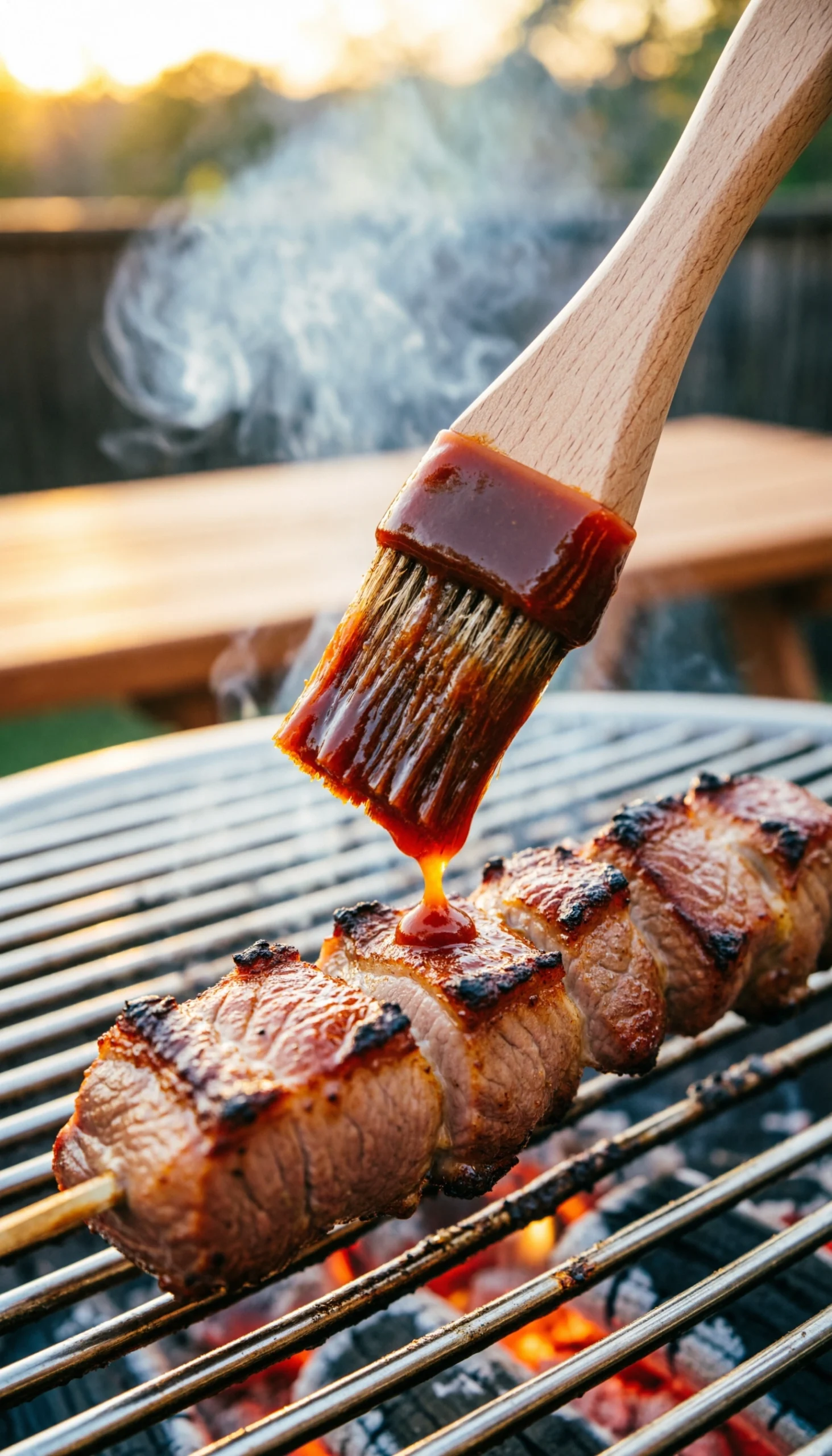 A Basting Brush Loaded With Glossy Bbq Sauce Is About To Touch A Pork Skewer On The Grill, Gleaming In Warm Golden Hour Light.