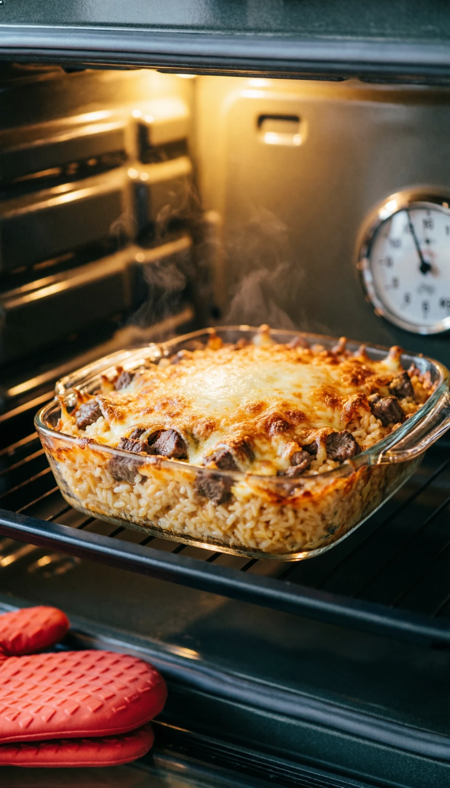 A Cheesy Ground Beef And Rice Casserole Baking In The Oven With Bubbling Edges And A Golden Crust In A Glass Dish.