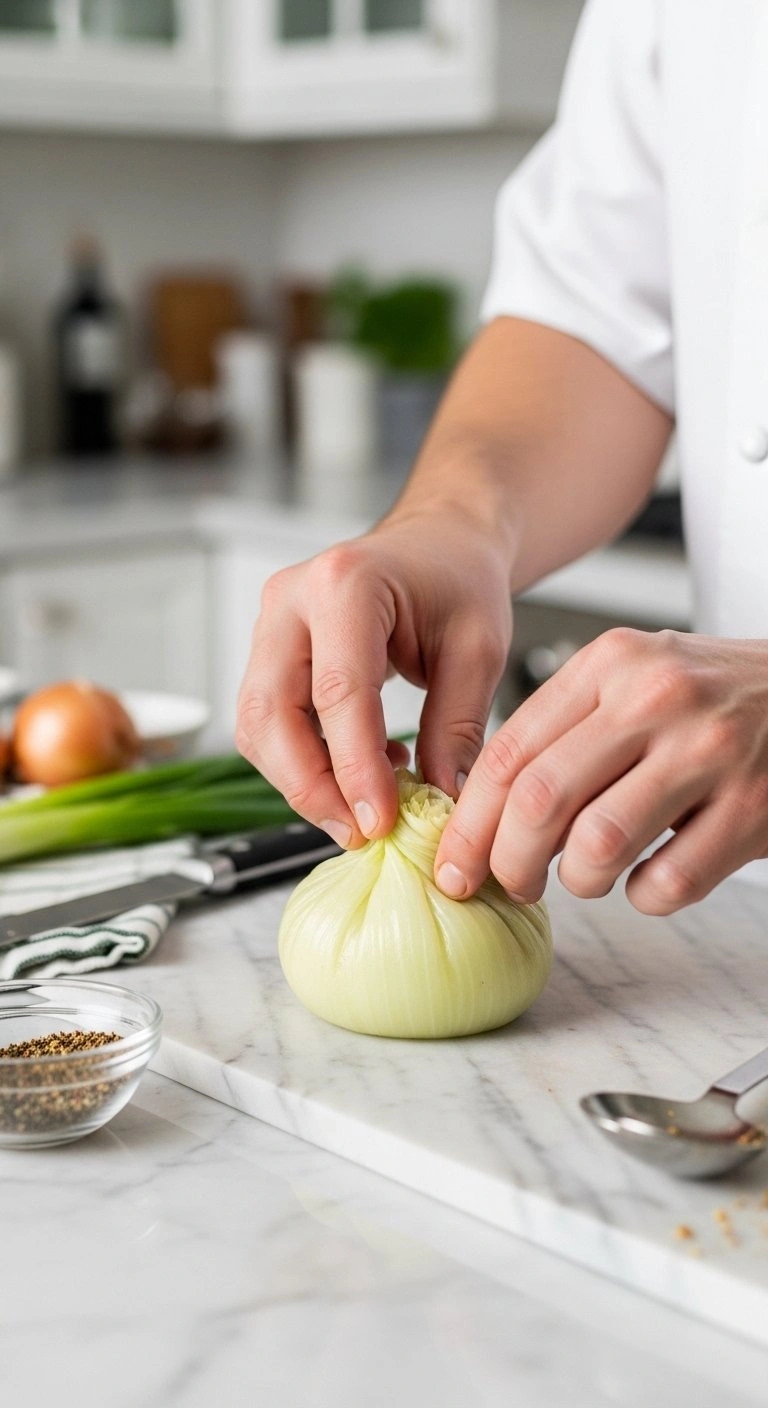 A Chef's Hand Gently Squeezing A Stuffed Onion Parcel To Check Firmness On A Clean White Marble Countertop.
