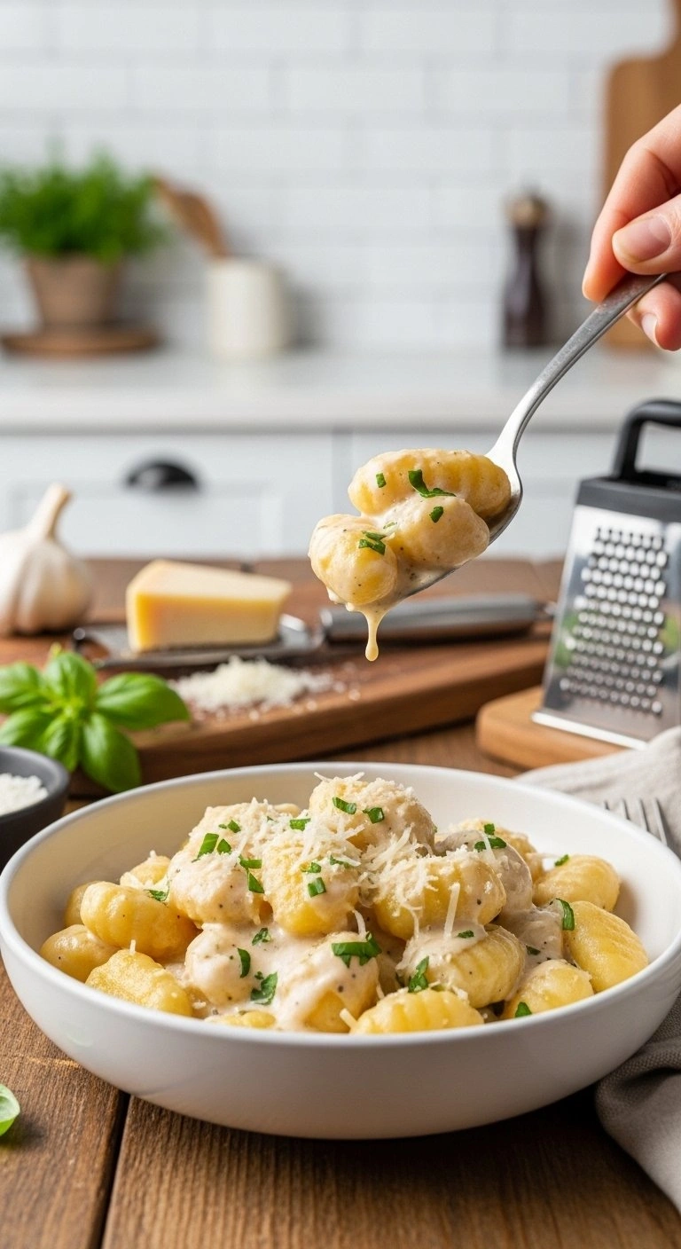 A Close-Up Of Steaming, Pillowy Garlic Parmesan Millionaire Gnocchi In A Rich Cream Sauce, Garnished With Fresh Herbs On A Rustic Wooden Table.