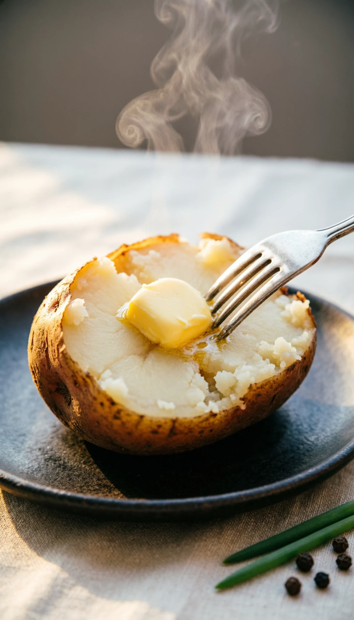 A Golden-Brown Baked Russet Potato, Cut Open, Reveals A Fluffy Interior With Melting Butter And Rising Steam.