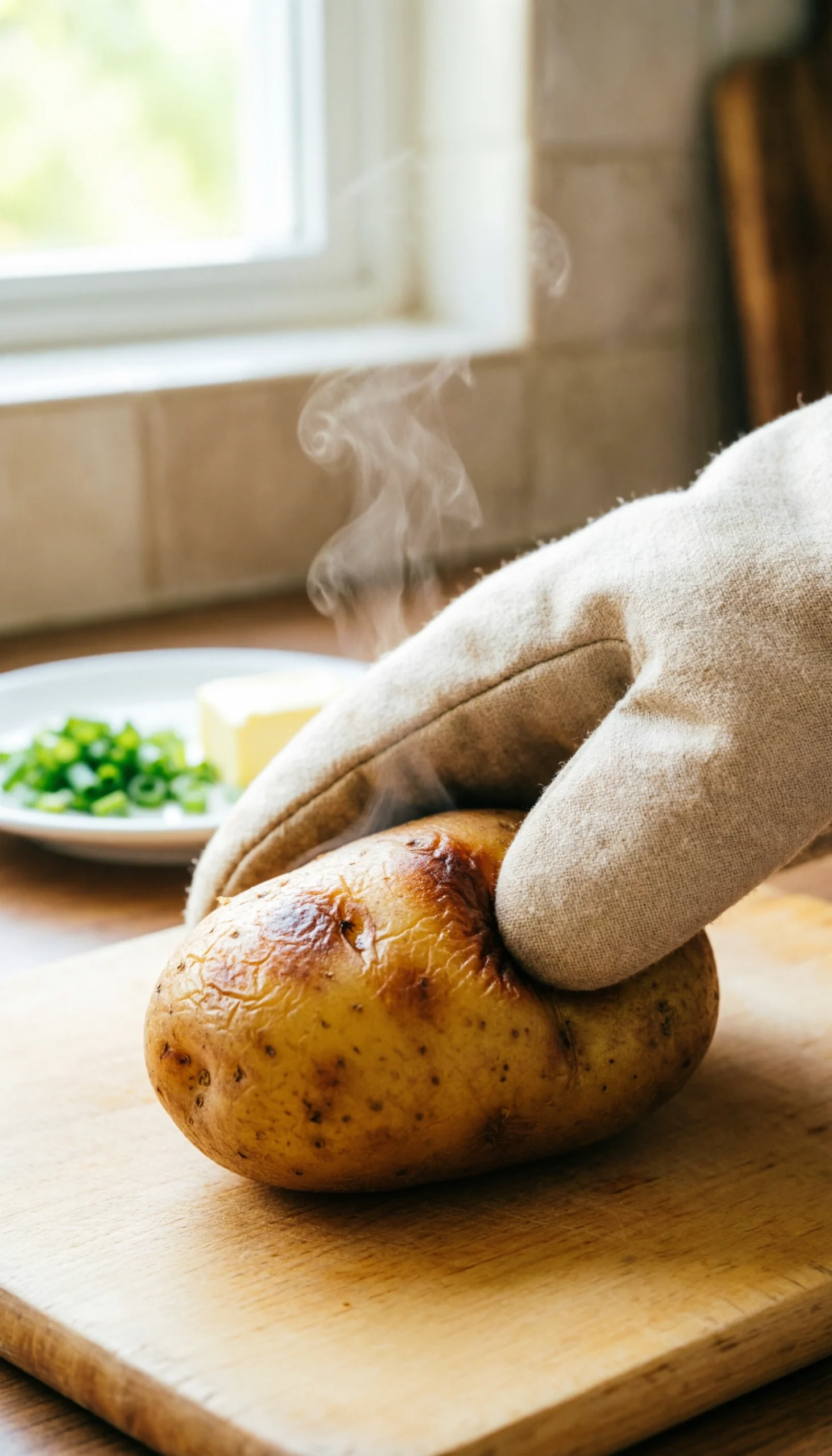 A Hand In An Oven Mitt Gently Squeezes A Golden-Brown Russet Baked Potato To Test Its Fluffy Doneness.
