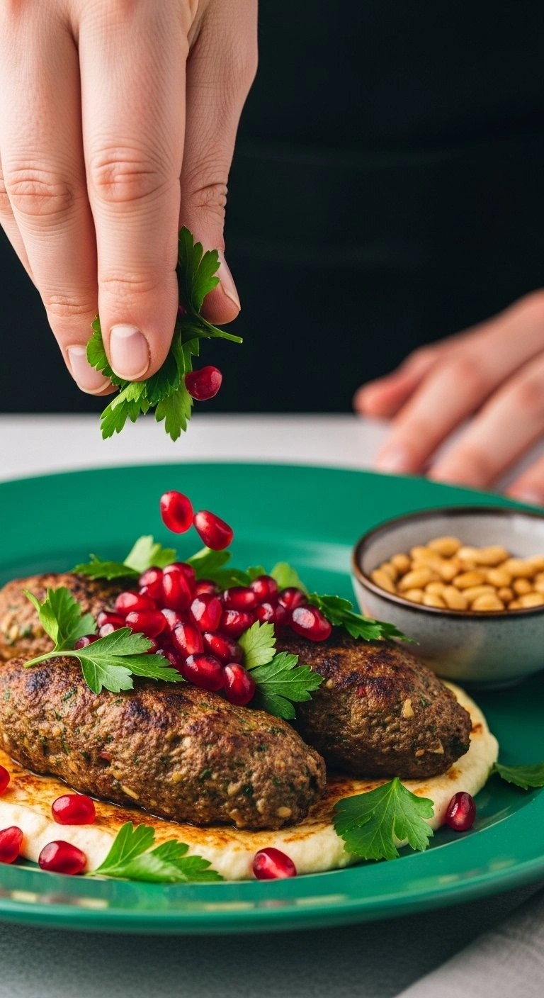 A Hand Sprinkling Red Pomegranate Seeds And Fresh Green Parsley Over A Finished Kofta Dish With Toasted Pine Nuts.