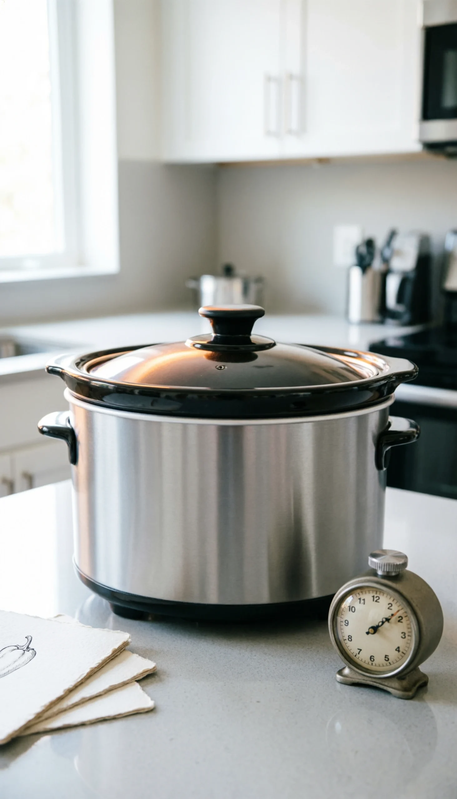 A Modern Slow Cooker With Its Lid Closed Sits On A Clean Kitchen Countertop, Hinting At A Delicious Crack Chicken Chili Cooking Inside.
