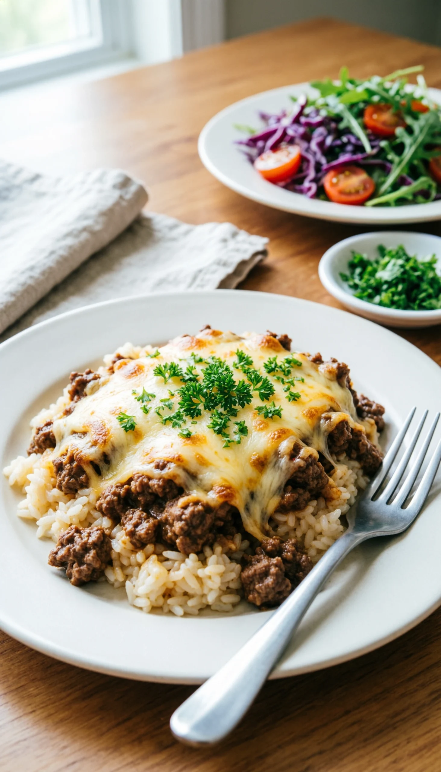 A Scoop Of Cheesy Ground Beef And Rice Casserole Garnished With Fresh Parsley On A White Dinner Plate On A Wooden Table.