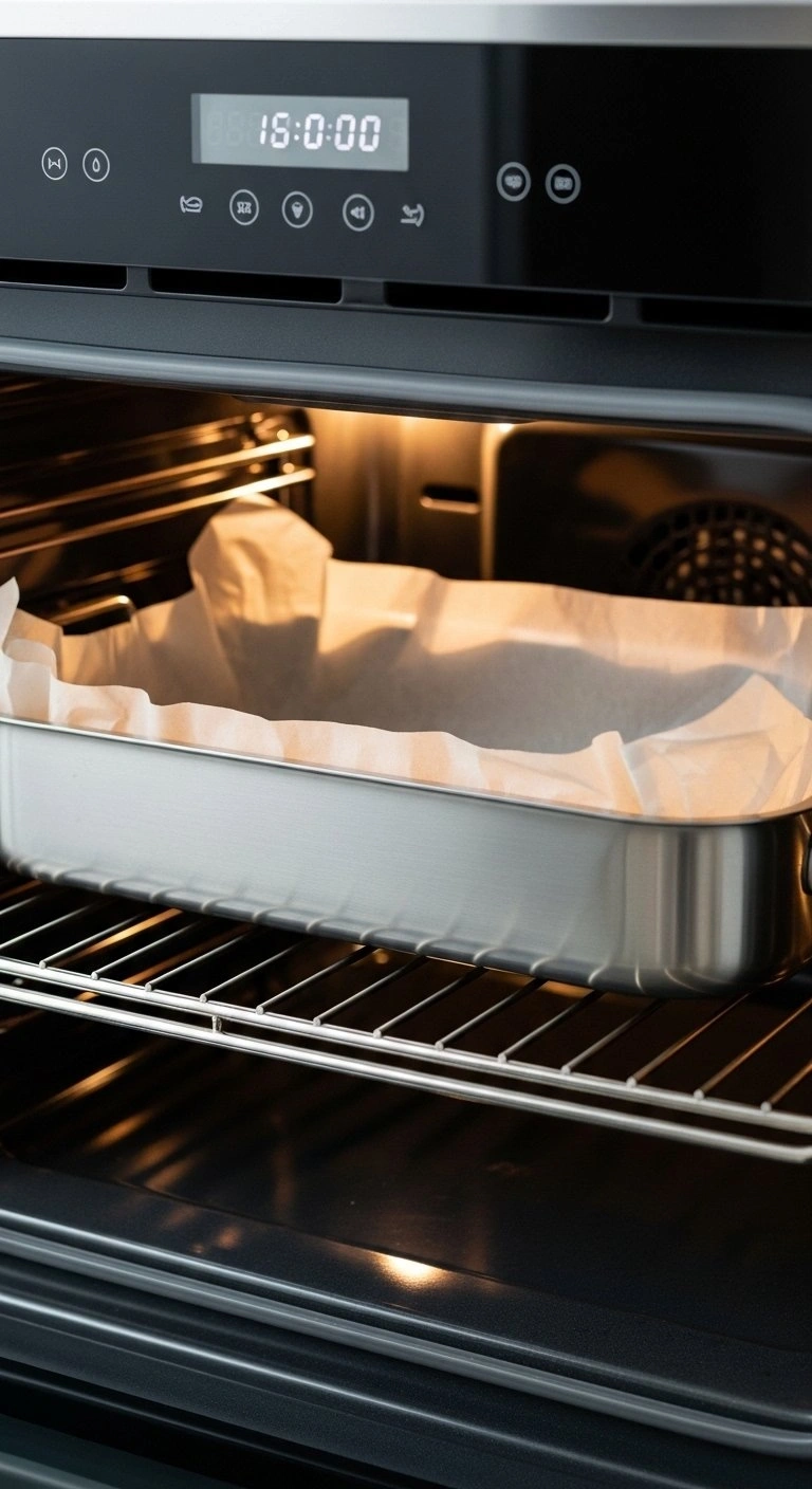 A Stainless Steel Roasting Pan Lined With Parchment Paper Sits On A Clean Oven Rack Inside A Modern, Lit Oven.