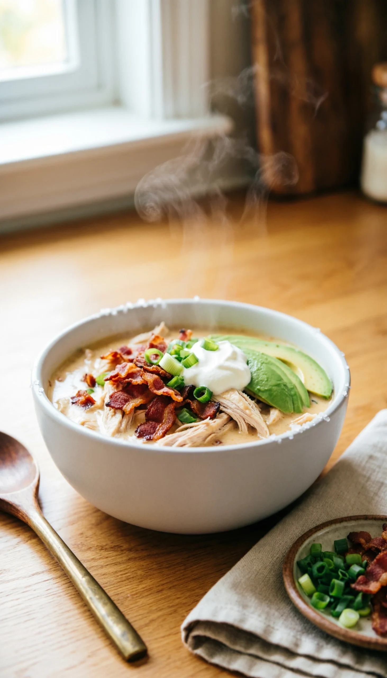A Steaming Bowl Of Creamy Slow Cooker Crack Chicken Chili Garnished With Crispy Bacon, Green Onions, And Sour Cream.