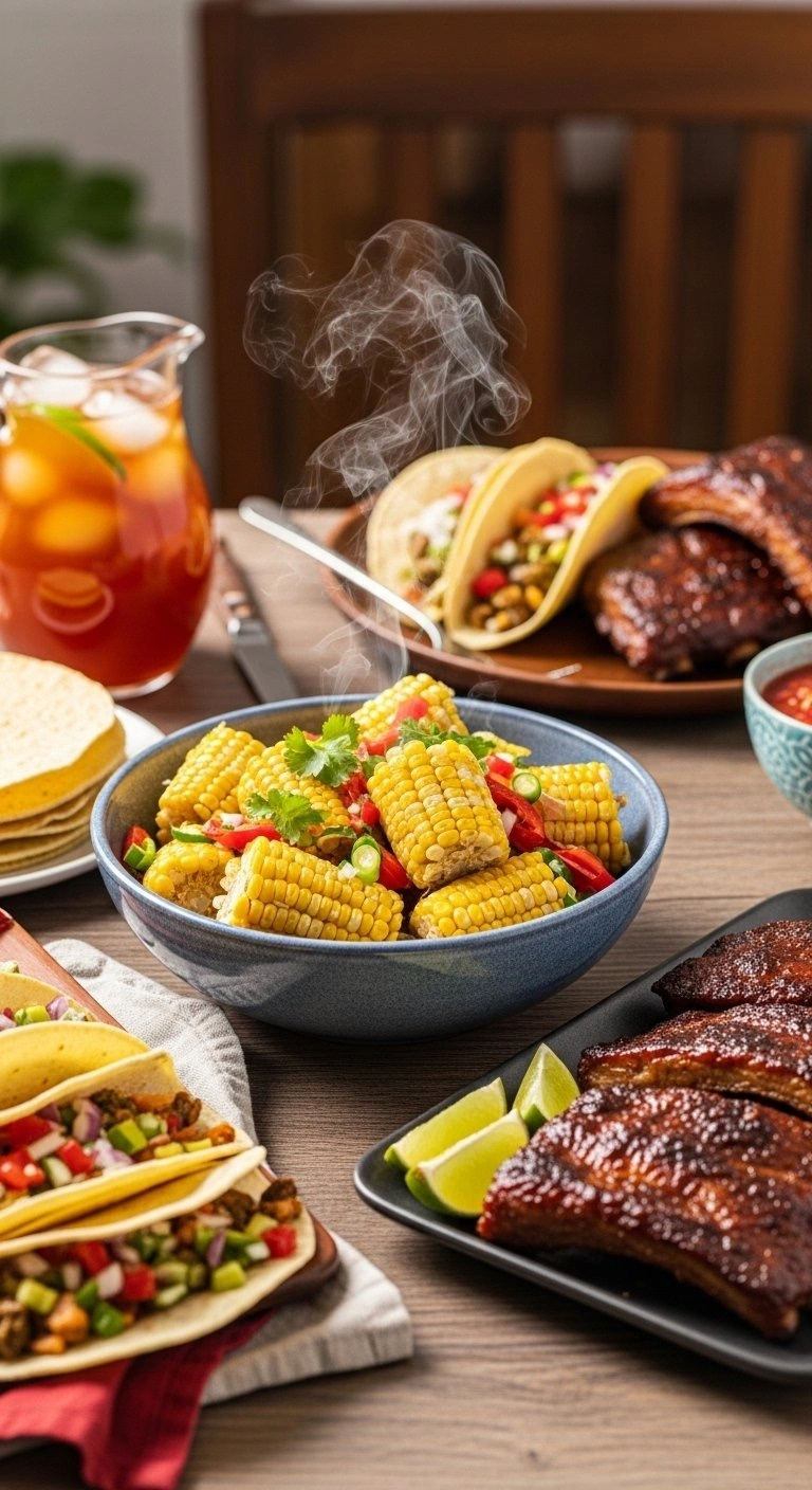 A Vibrant Bowl Of Esquites Served As A Side Dish With Grilled Tacos And Bbq Ribs On A Rustic Wooden Table.