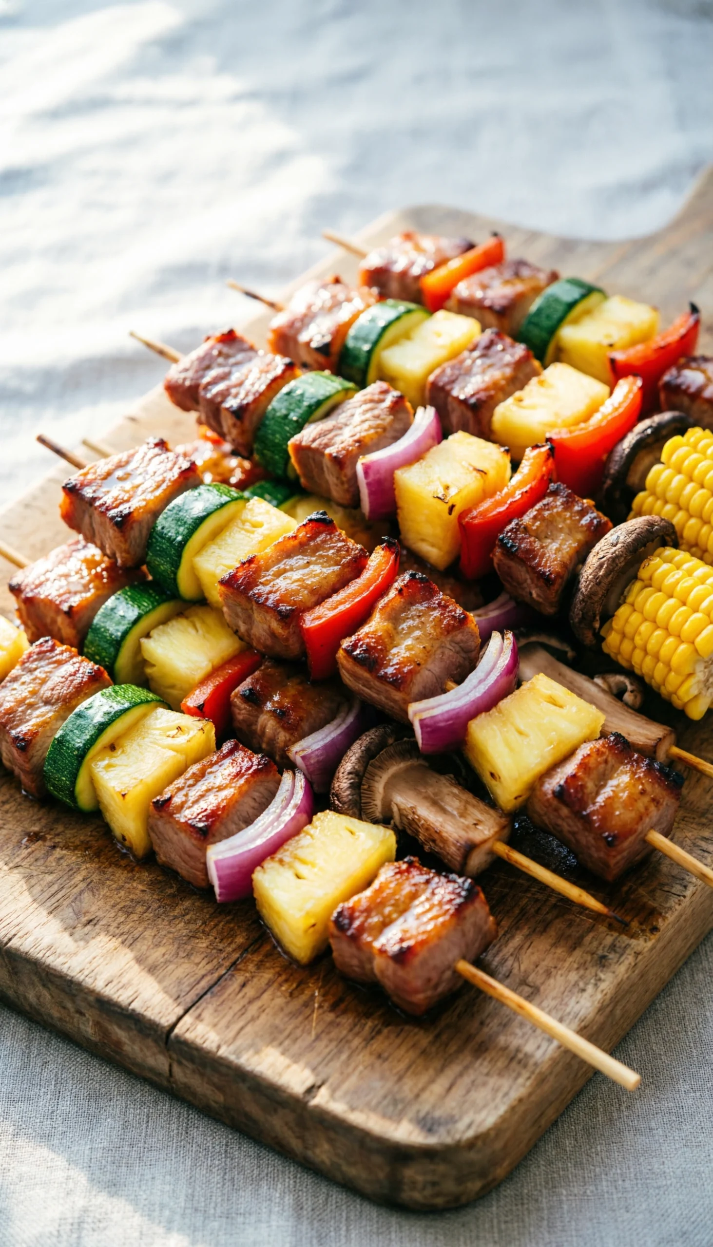 A Vibrant Variety Of Pork And Vegetable Skewers, Including Red Peppers And Zucchini, Are Abundantly Arranged On A Rustic Board In Bright Light.