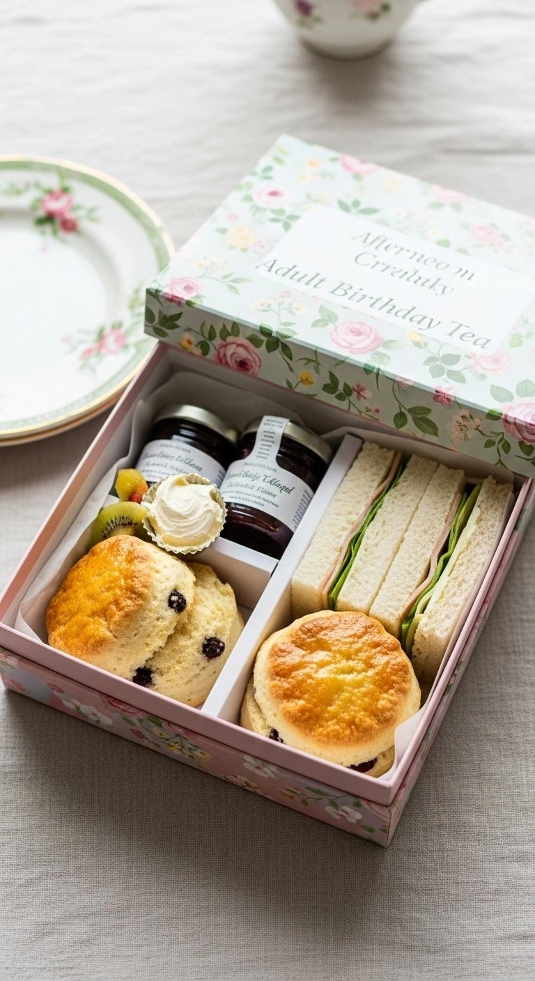 Afternoon Tea Birthday Box With Fruit Scones, Clotted Cream, And Finger Sandwiches On A Vintage Linen Tablecloth.
