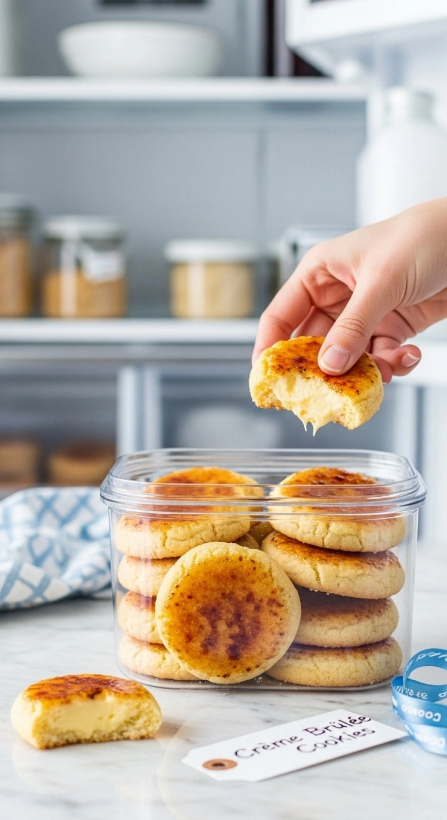 Assembling Crème Brûlée Cookies With Vanilla Pastry Cream On A White Marble Countertop With A Piping Bag Nearby.