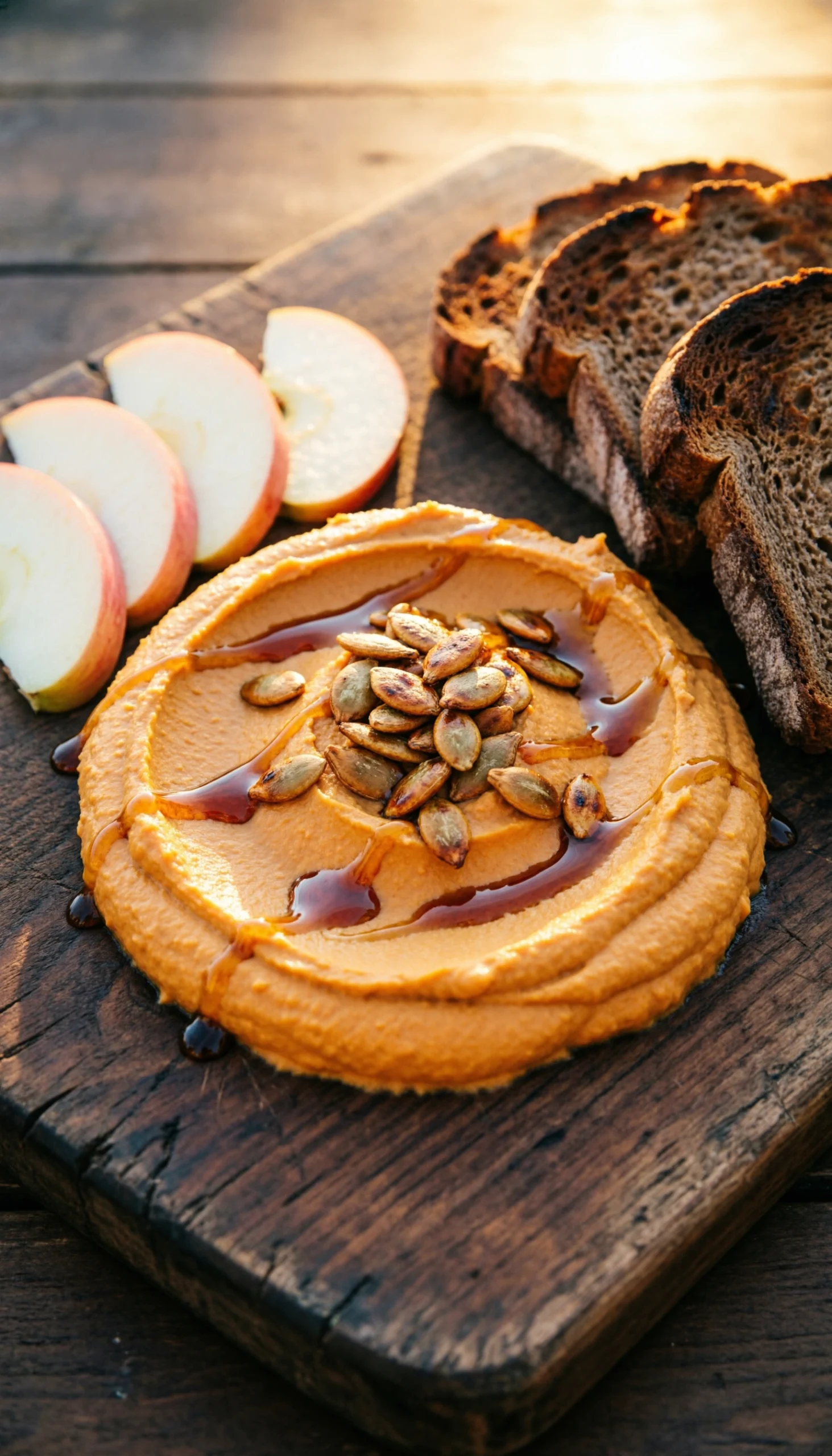 Autumn-Themed Butternut Squash Hummus With Pumpkin Seeds, Maple Syrup, Sliced Apples, And Pumpernickel Bread.