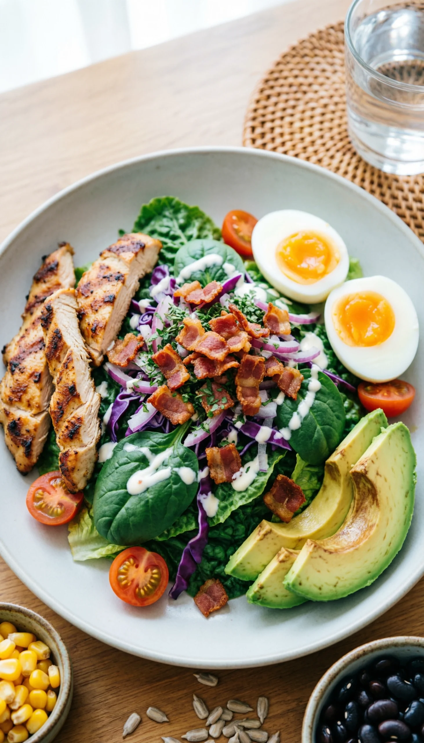 Bacon Ranch Chopped Salad With Grilled Chicken, Avocado, Hard-Boiled Eggs, Corn, And Black Beans On A Platter For A Versatile Meal.