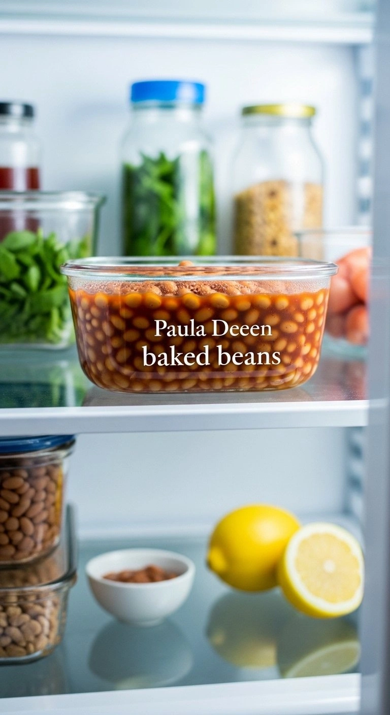Baked Beans Leftovers In A Clear Glass Container, Stored In A Clean, Organized Refrigerator For Meal Prep.