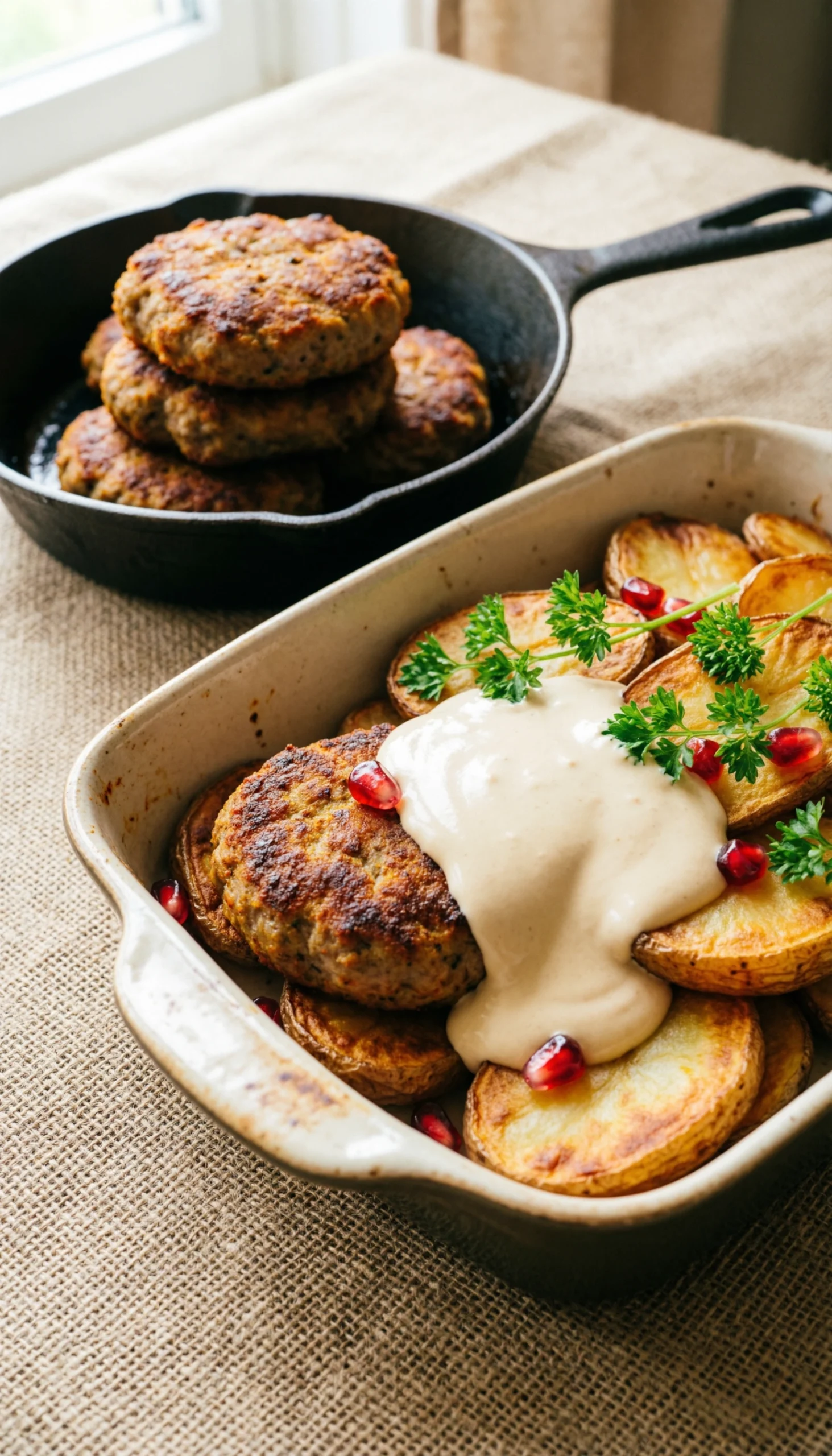 Baked Kofta Patties And Roasted Potato Slices Layered In A Skillet With Creamy Tahini Sauce And Pomegranate Seeds.