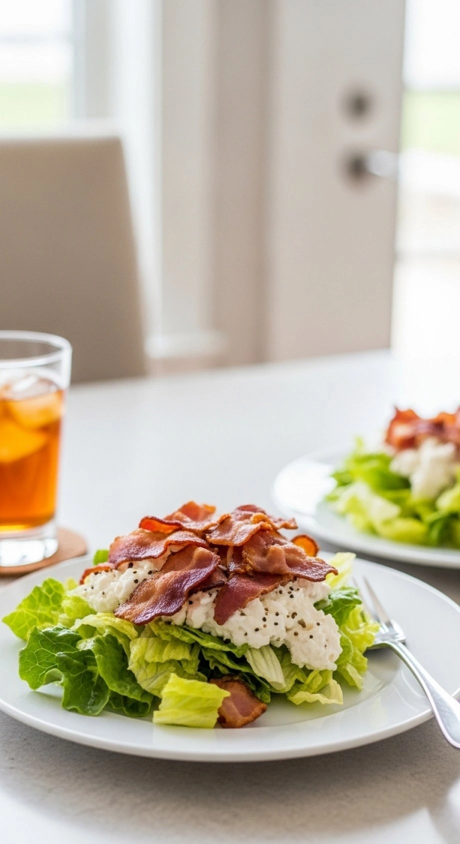 Beautiful Bacon Ranch Chopped Salad With Crisp Lettuce, Golden Bacon, And Creamy Dressing On A White Plate With A Fork, Ready To Eat.