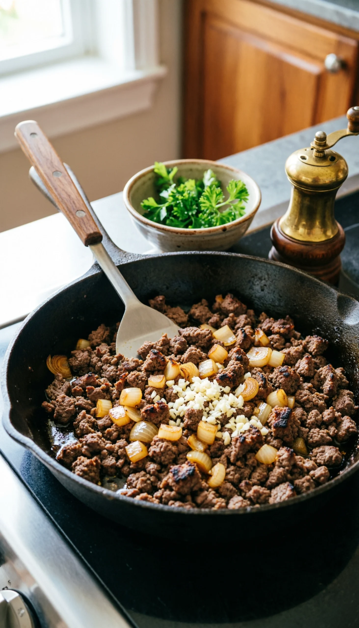 Browned Ground Beef Sautéed With Translucent Onions And Minced Garlic In A Seasoned Cast Iron Skillet On A Stovetop.