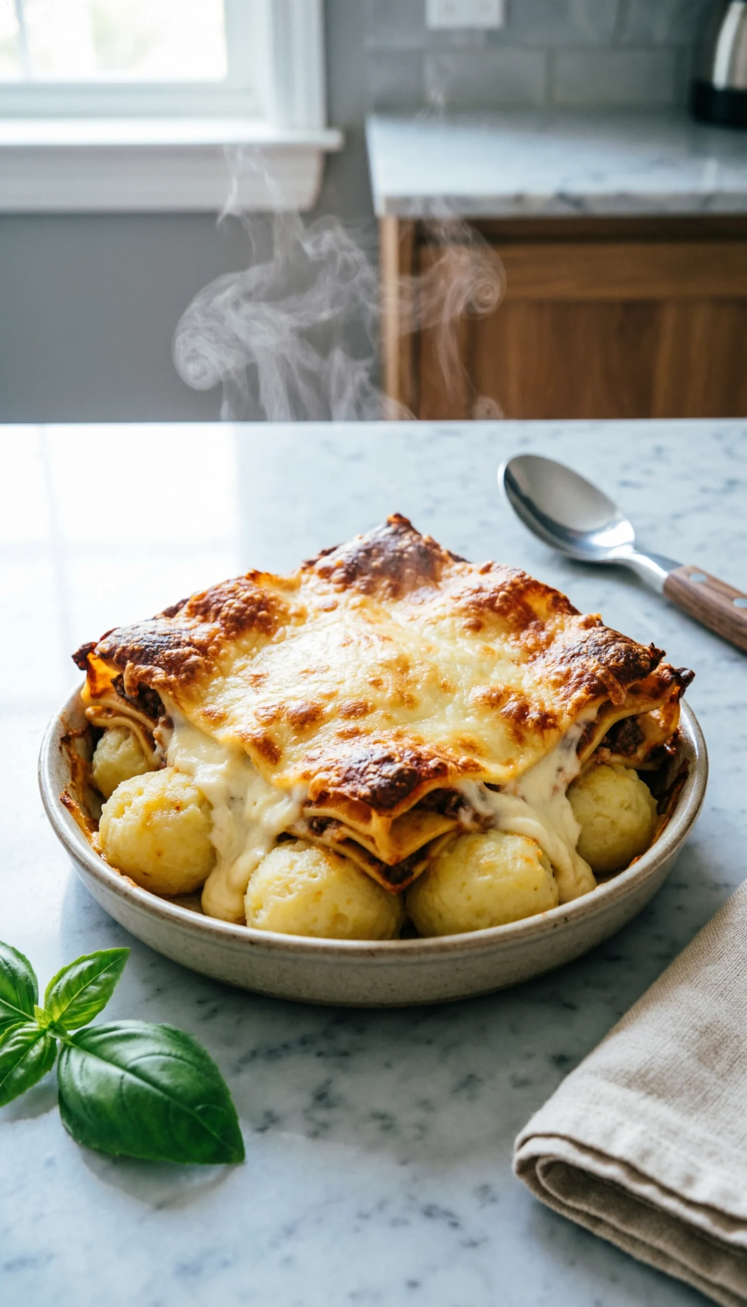 Bubbling Millionaire Gnocchi Bake With A Golden-Brown Cheesy Top And Pillowy Gnocchi Inside, Steaming On A Marble Countertop.