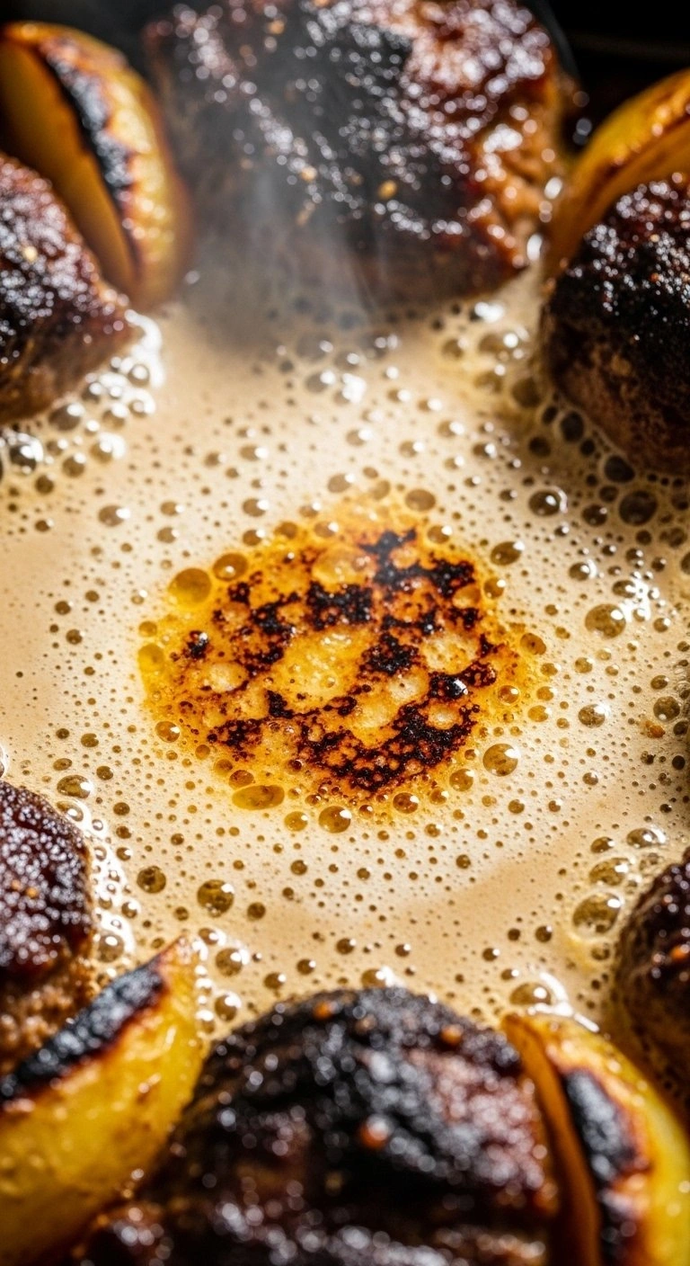 Bubbling Tahini Sauce With Toasted Golden Spots Over Roasted Meat And Potatoes In A Hot Ceramic Baking Dish.