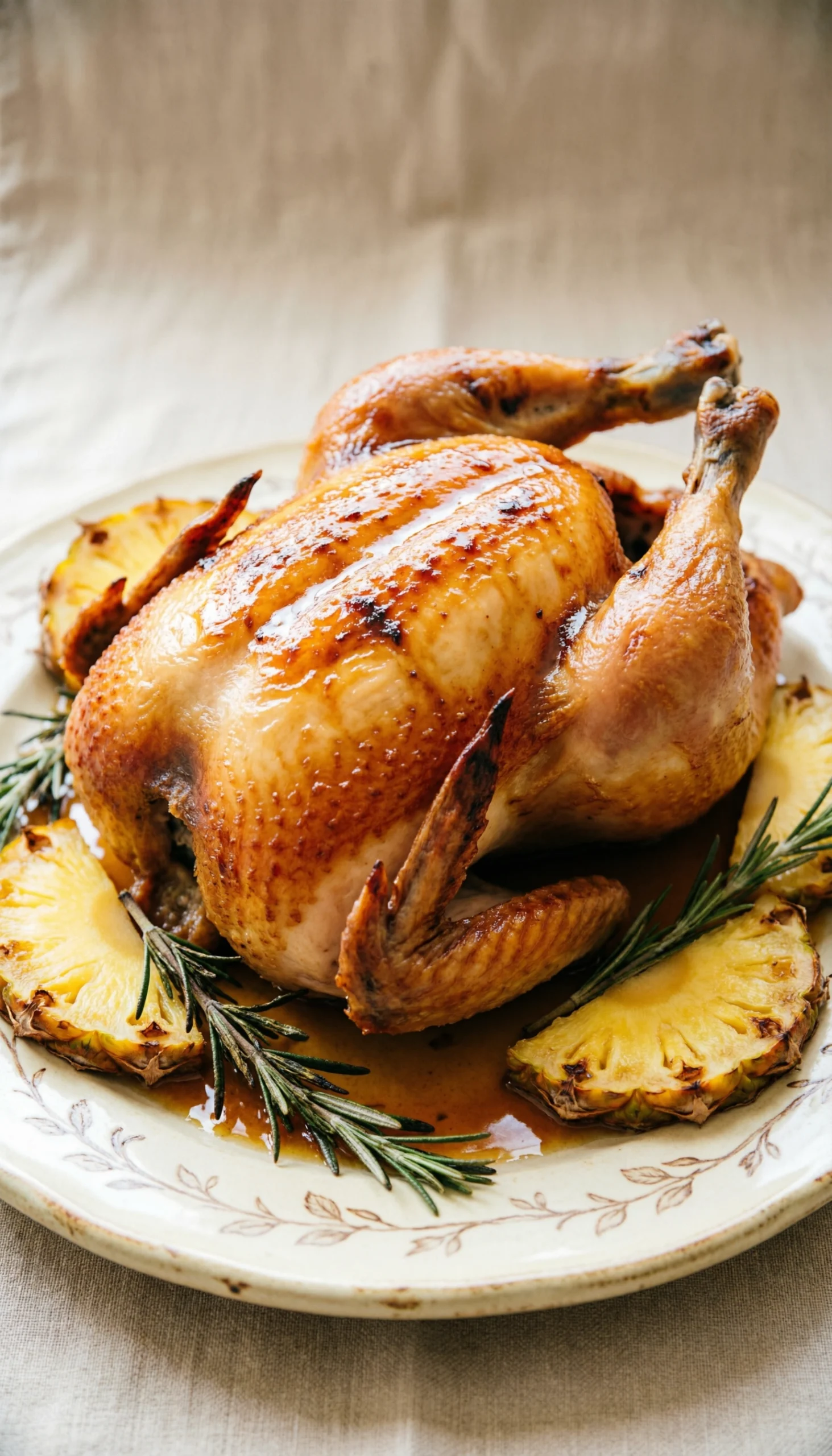 Centerpiece Whole Roasted Chicken With Bronzed Bourbon Glaze, Surrounded By Roasted Pineapple Halves And Rosemary Sprigs.