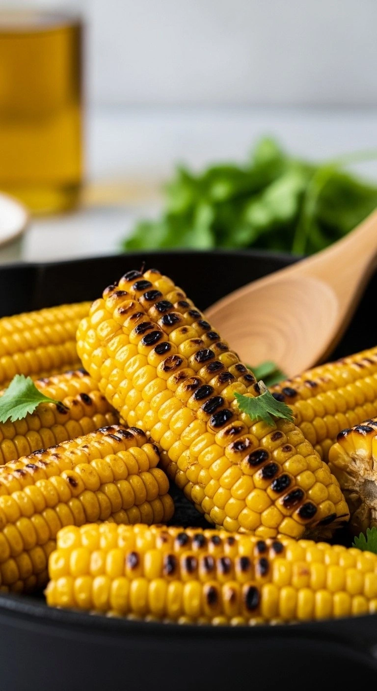 Charred Golden Corn Kernels With Visible Grill Marks In A Black Cast Iron Skillet With Fresh Cilantro.