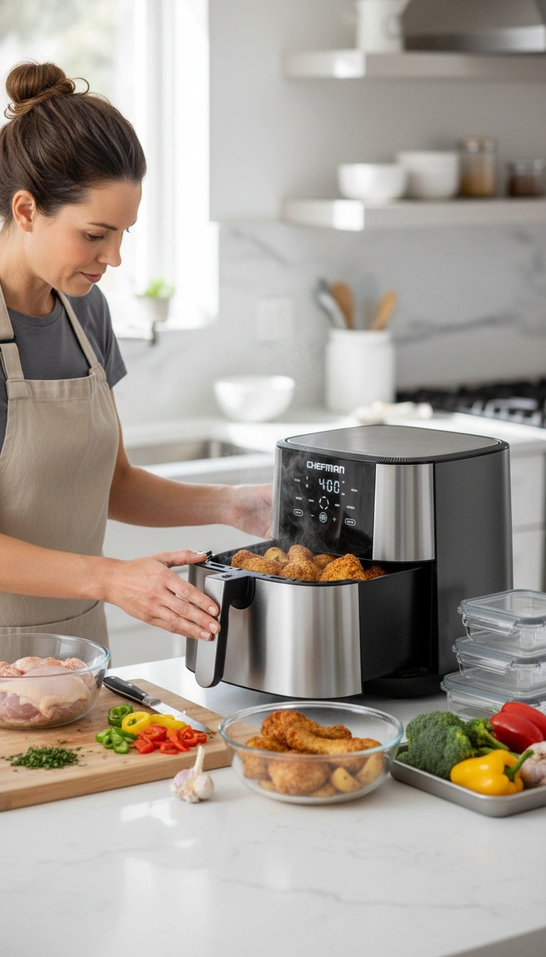 Digital Meat Thermometer Verifying Internal Temperature Inside Chefman Basket