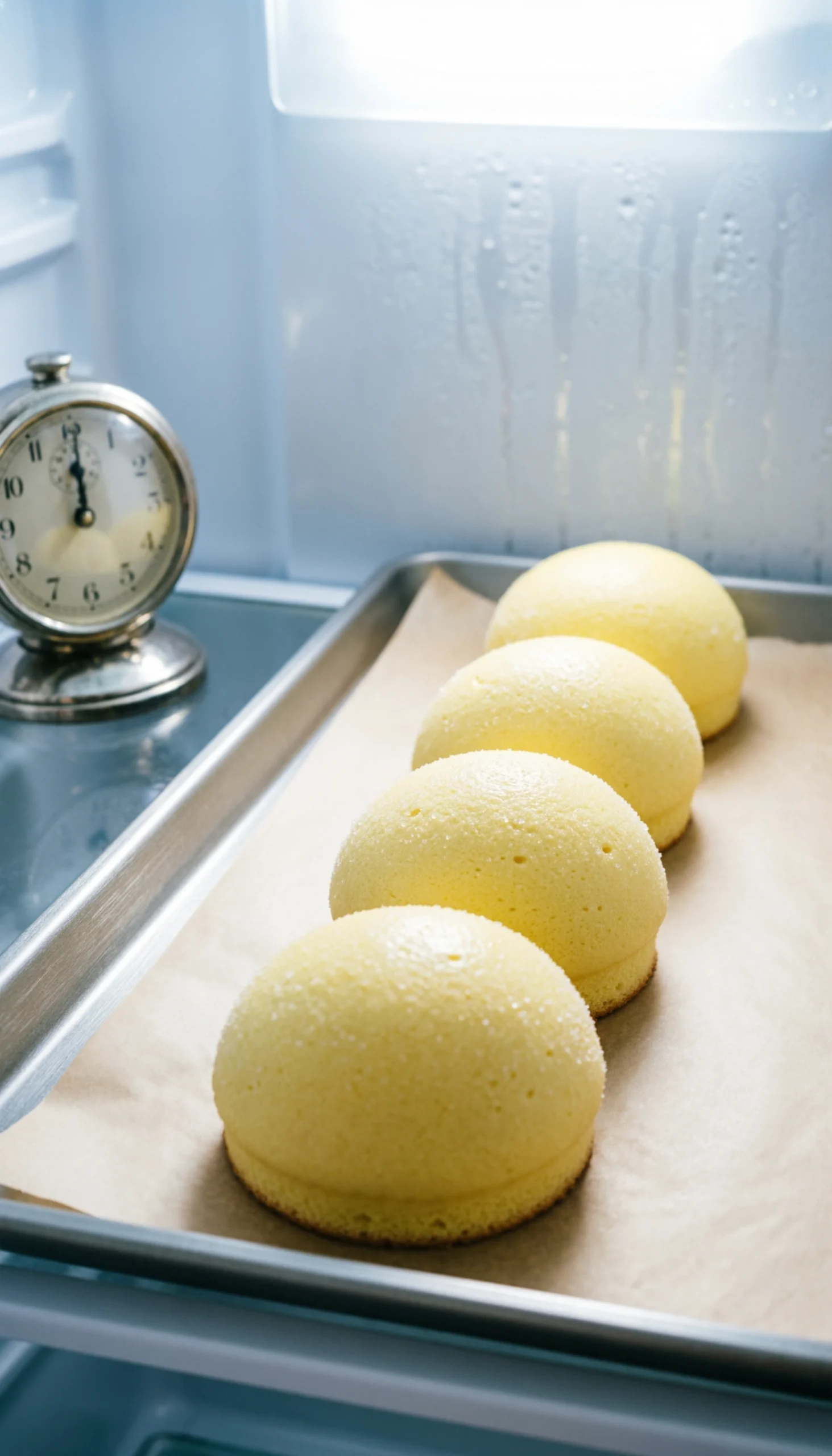 Chilled Yellow Lemon Cake Balls Arranged Neatly On A Parchment-Lined Baking Sheet Inside A Bright, Clean Refrigerator.