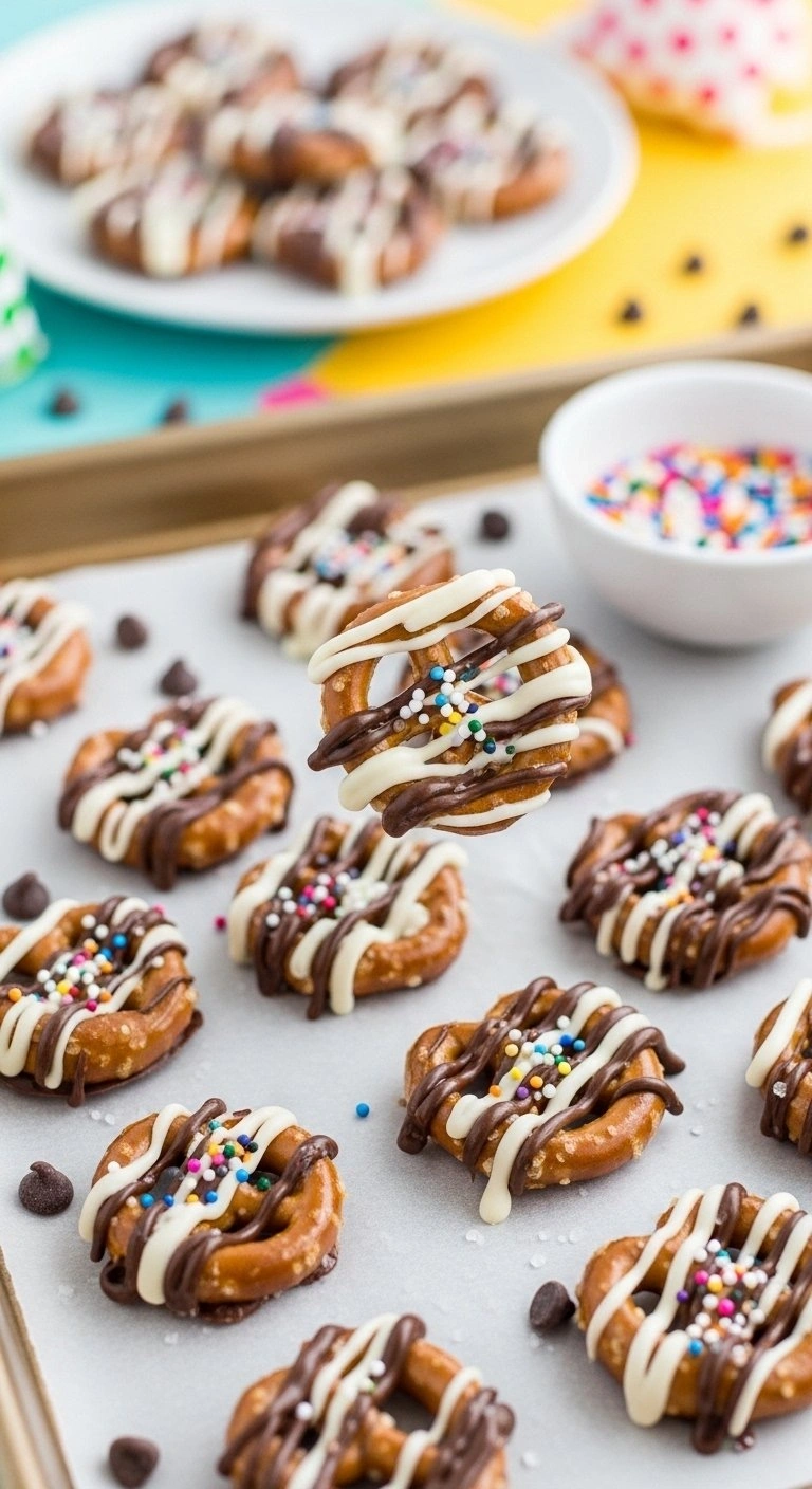 Chocolate Drizzled Pretzel Bites With Colorful Sprinkles And Sea Salt On A White Plate For A Festive Party Snack.