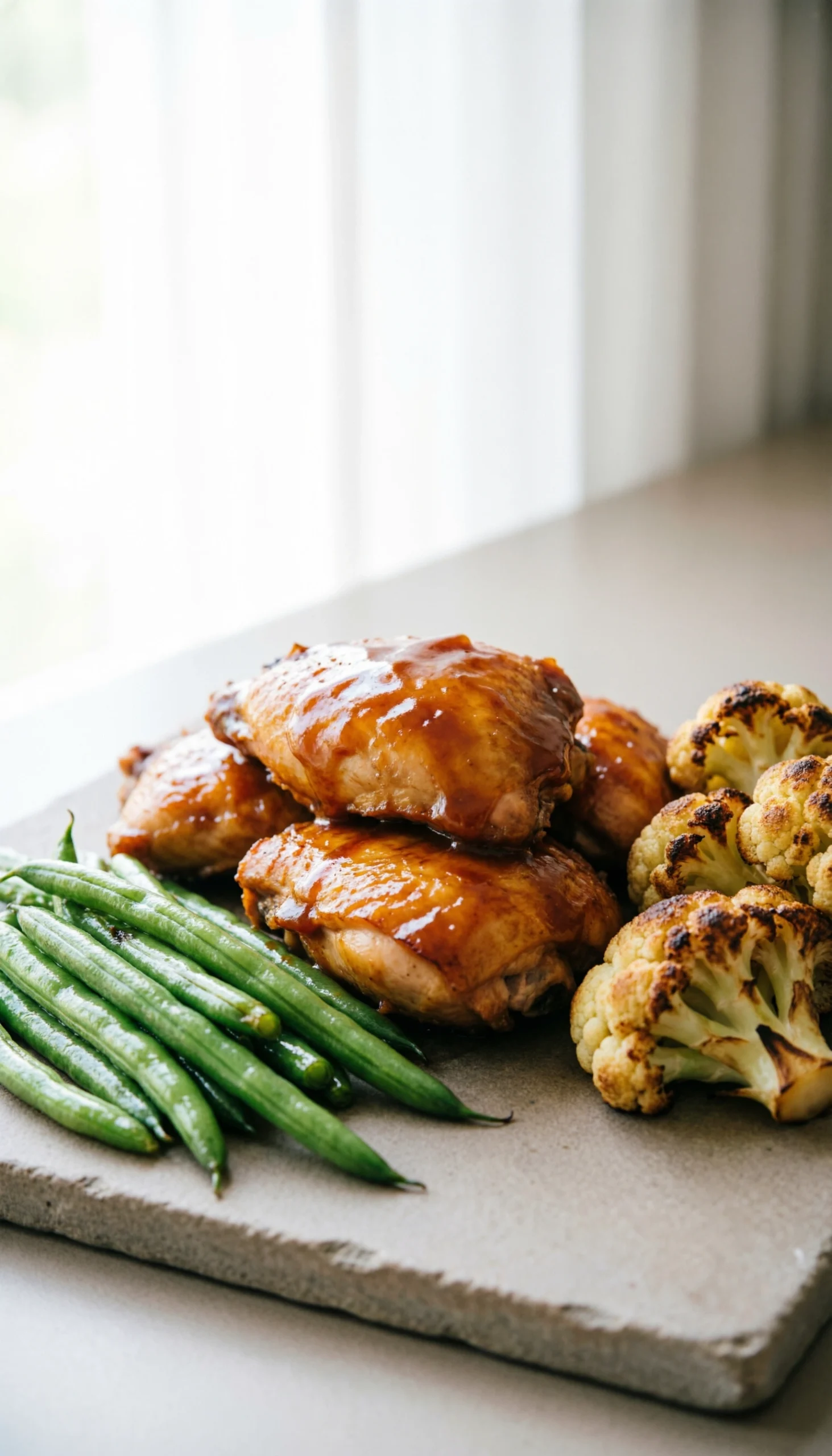 Clean Minimalist Shot Of Glazed Chicken With Sugar-Free Glaze, Roasted Cauliflower, And Green Beans On A Neutral Stone Surface.