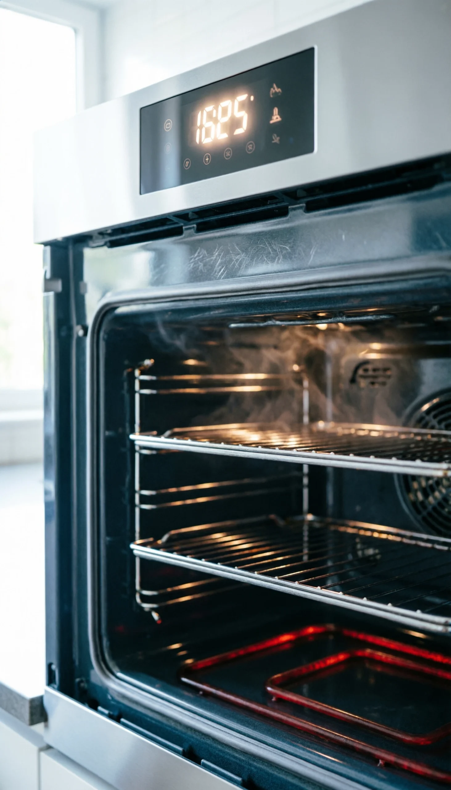 Close-Up Of A Modern Oven Interior With The Digital Display Clearly Showing A Preheating Temperature Of 450°F.