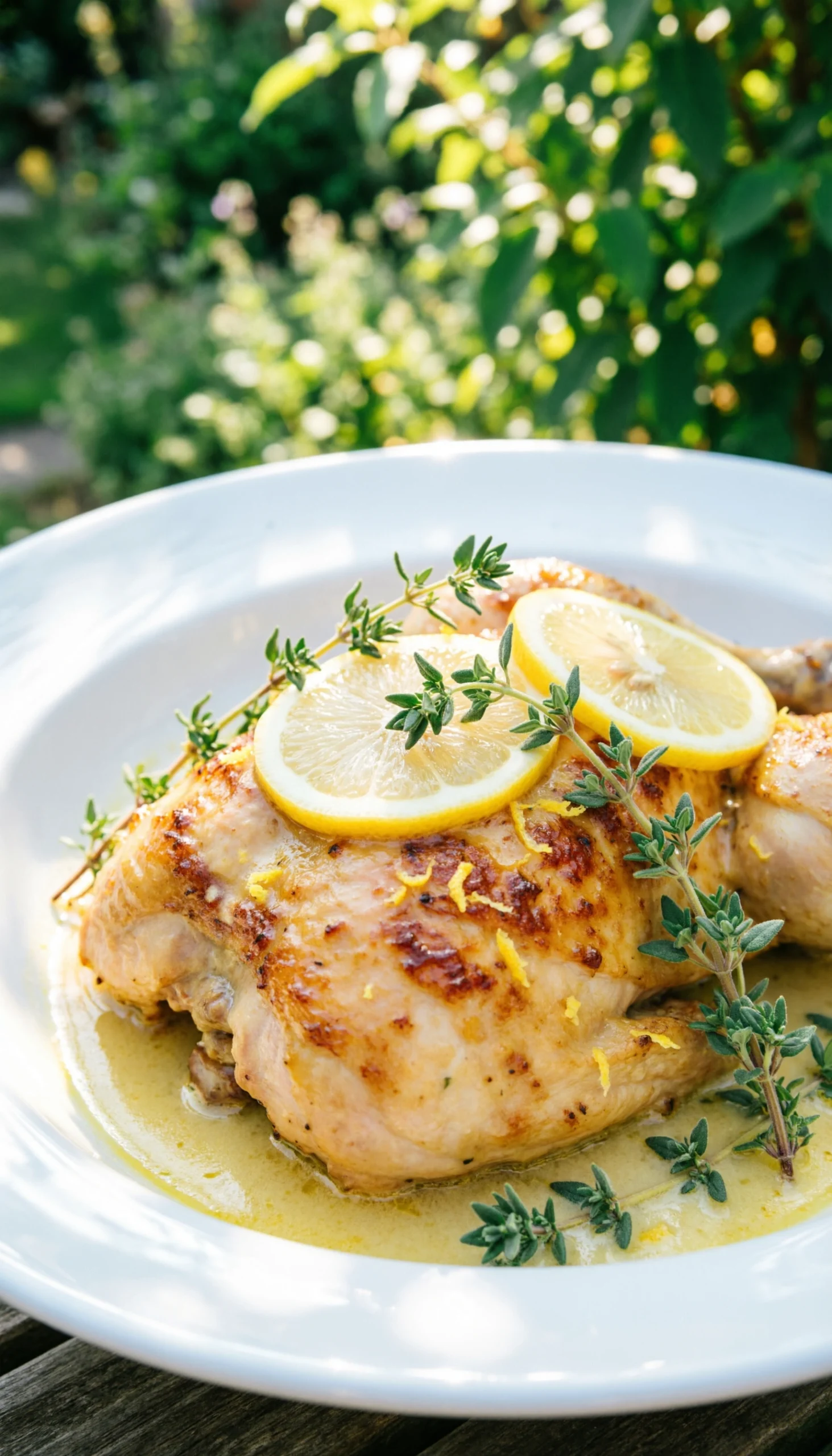 Close-Up Of Creamy Garlic Parmesan Chicken Garnished With Lemon Slices And Fresh Thyme In A White Bowl, In An Outdoor Garden.