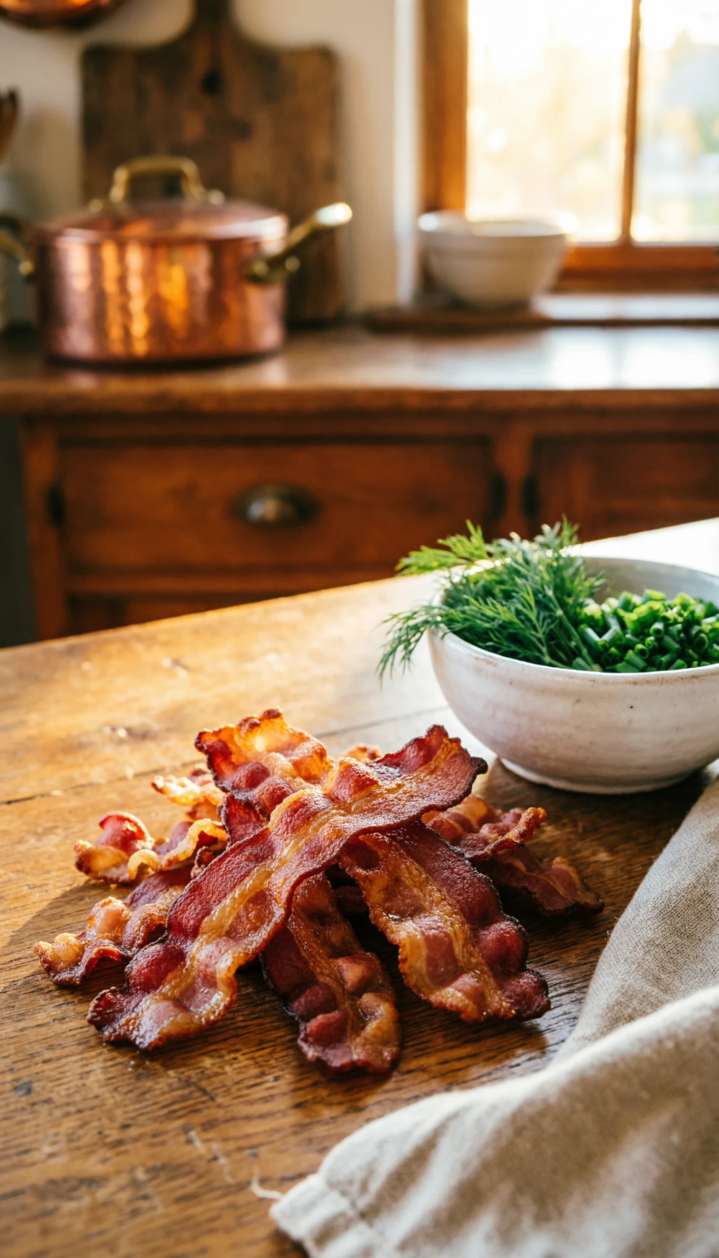 Close-Up Of Crispy Golden-Brown Bacon Bits With Glistening Fat And Chives On A Rustic Wooden Table, Bathed In Warm Golden Light.