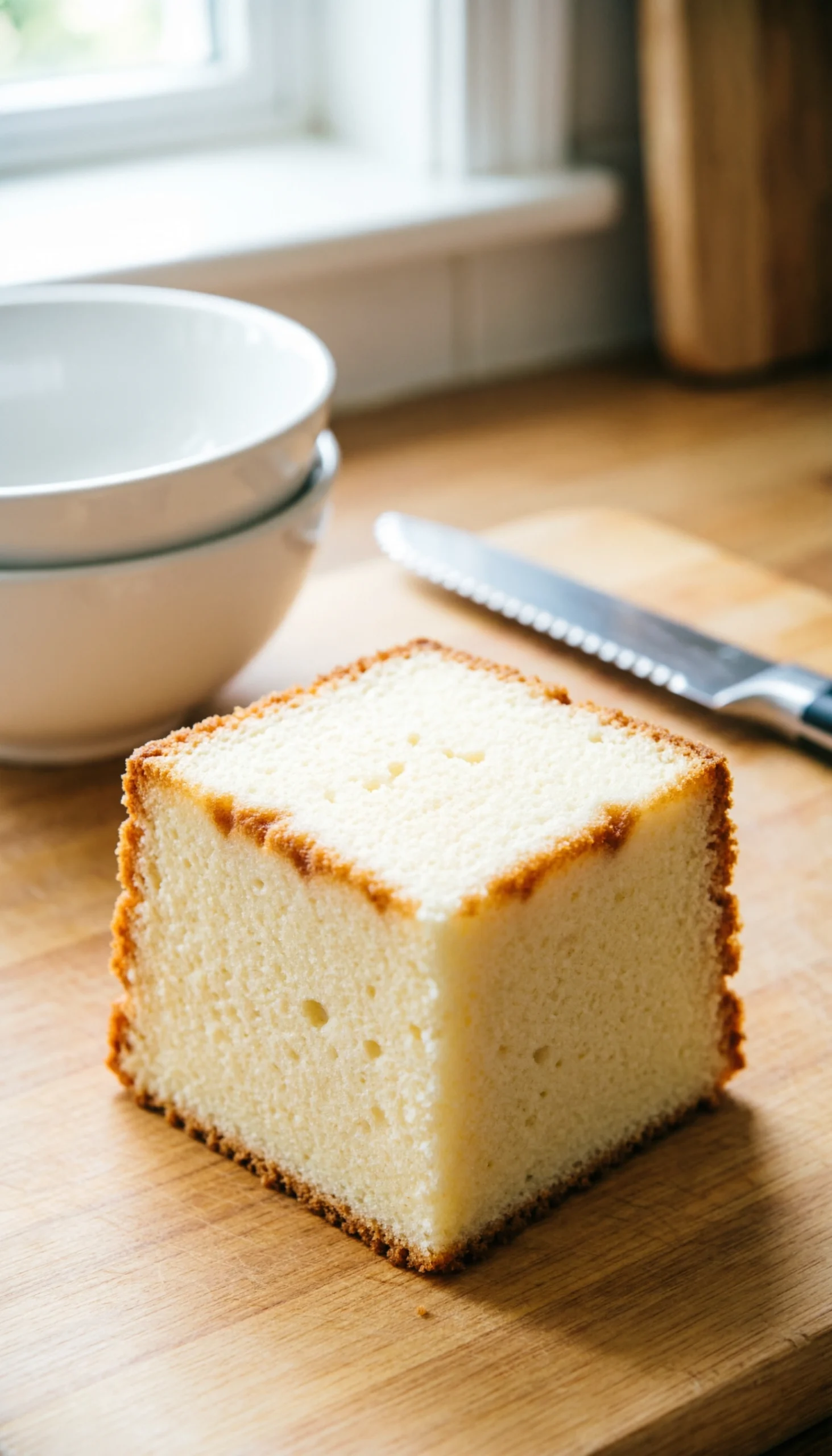 Close-Up Of Fluffy, Golden-Brown Angel Food Cake Cubes On A Rustic Wooden Board With A Blurred Knife And White Bowls.