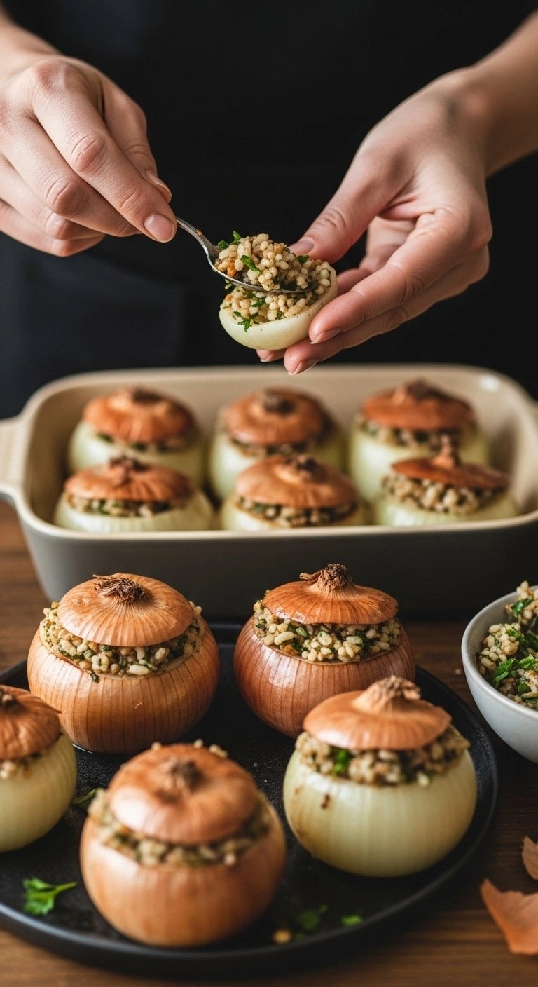 Close-Up Of Hands Carefully Stuffing A Tender Onion Layer With A Savory Rice And Herb Filling On A Wooden Table.