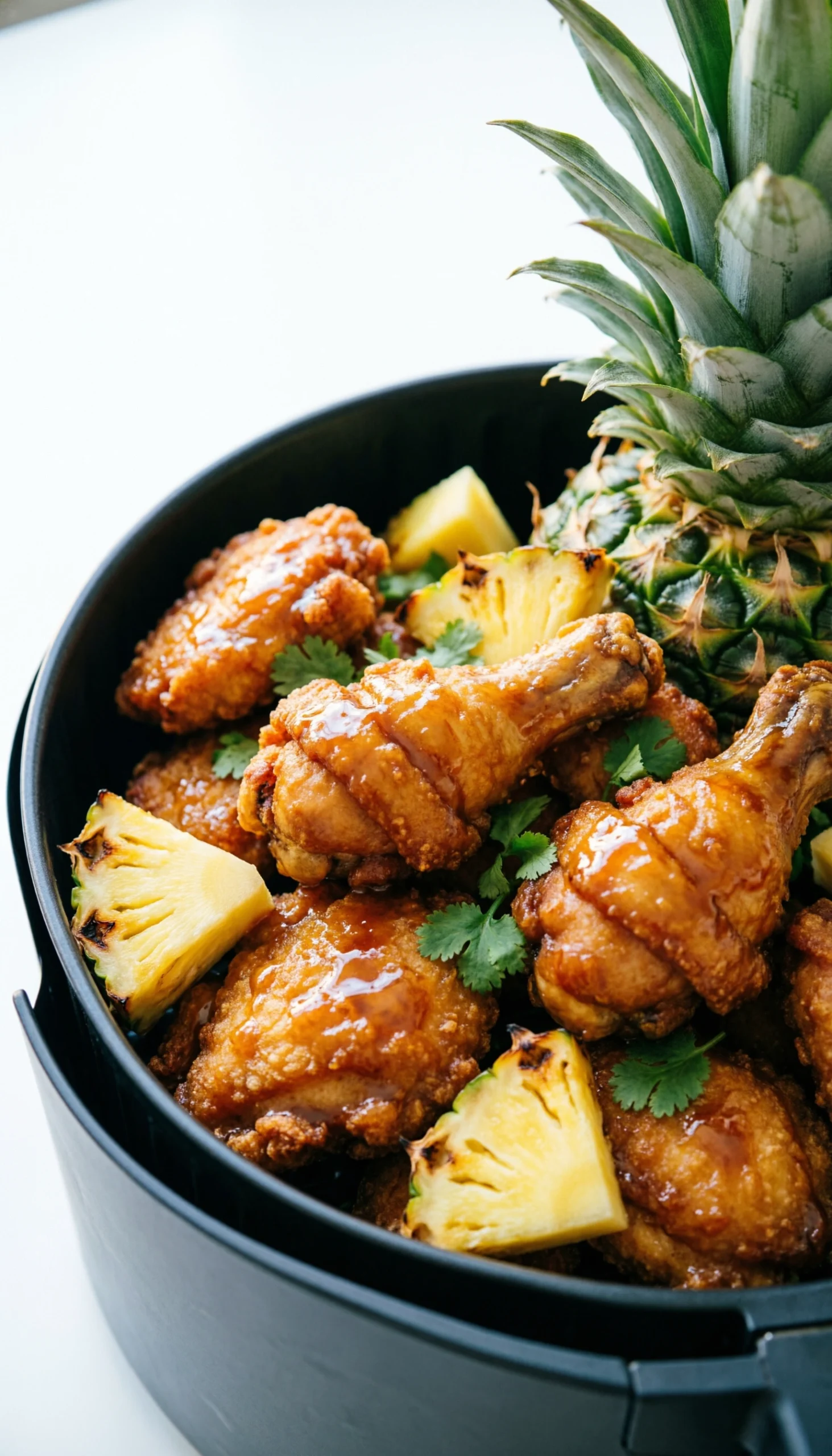 Close-Up Of Perfectly Browned Air Fryer Chicken Chunks With Shiny Bourbon Glaze And Charred Pineapple Pieces In A Basket.