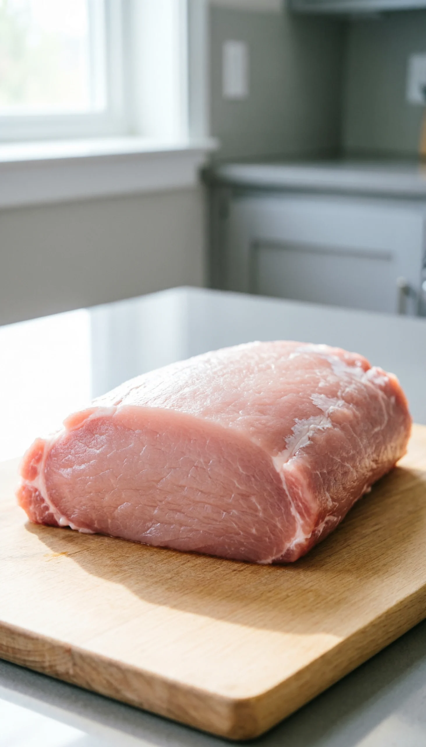 Close-Up Of Raw, Lean Pork Tenderloin On A Wooden Cutting Board, Showing Its Perfectly Pink Color And Fresh Texture In Soft Natural Light.