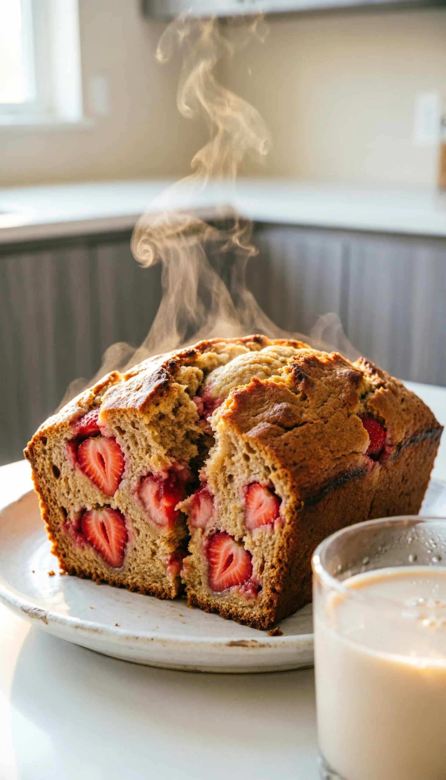 Close-Up Of Steaming Dairy-Free Strawberry Banana Bread Slice Being Pulled Apart On A Vintage Plate With Almond Milk.