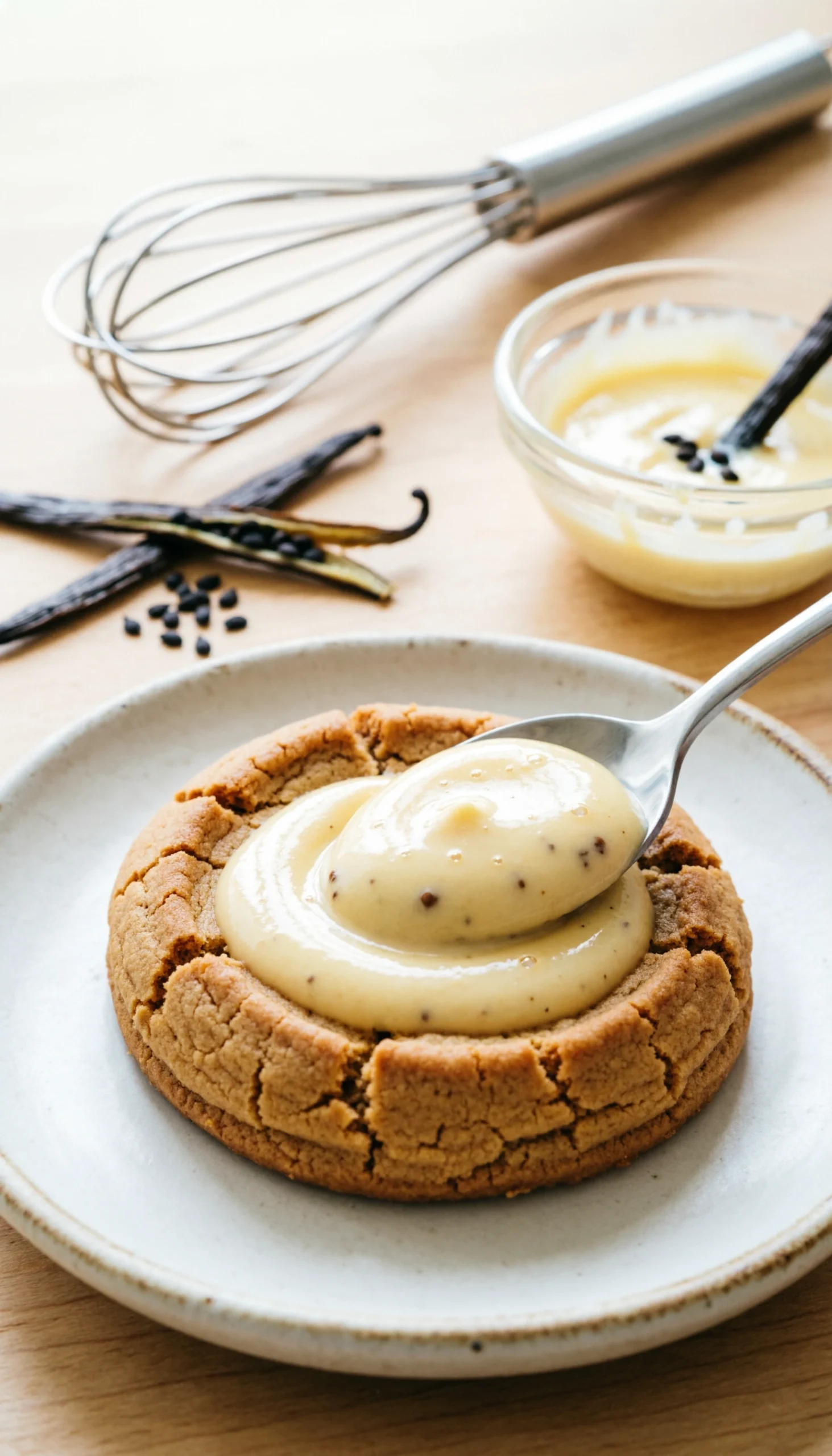 Close-Up Of Velvety Vanilla Pastry Cream In A Ceramic Dish With Vanilla Beans In A Bright, Airy Kitchen Setting.