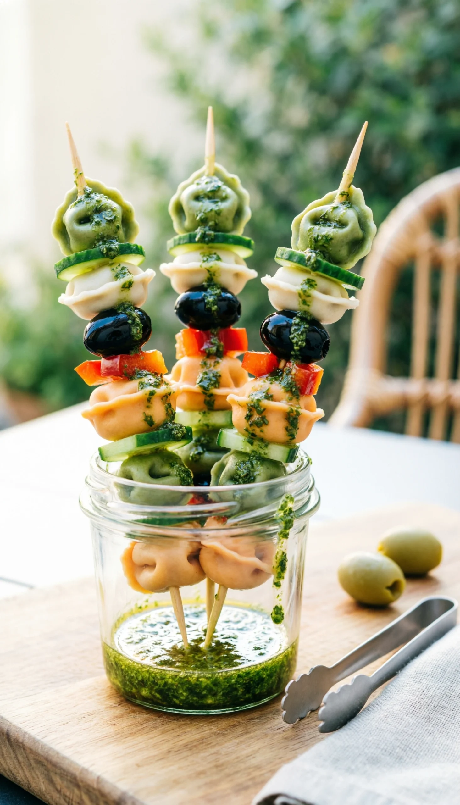 Cold Tri-Color Tortellini Salad Skewers With Bell Peppers And Olives Drizzled In Pesto And Served In A Glass Jar.