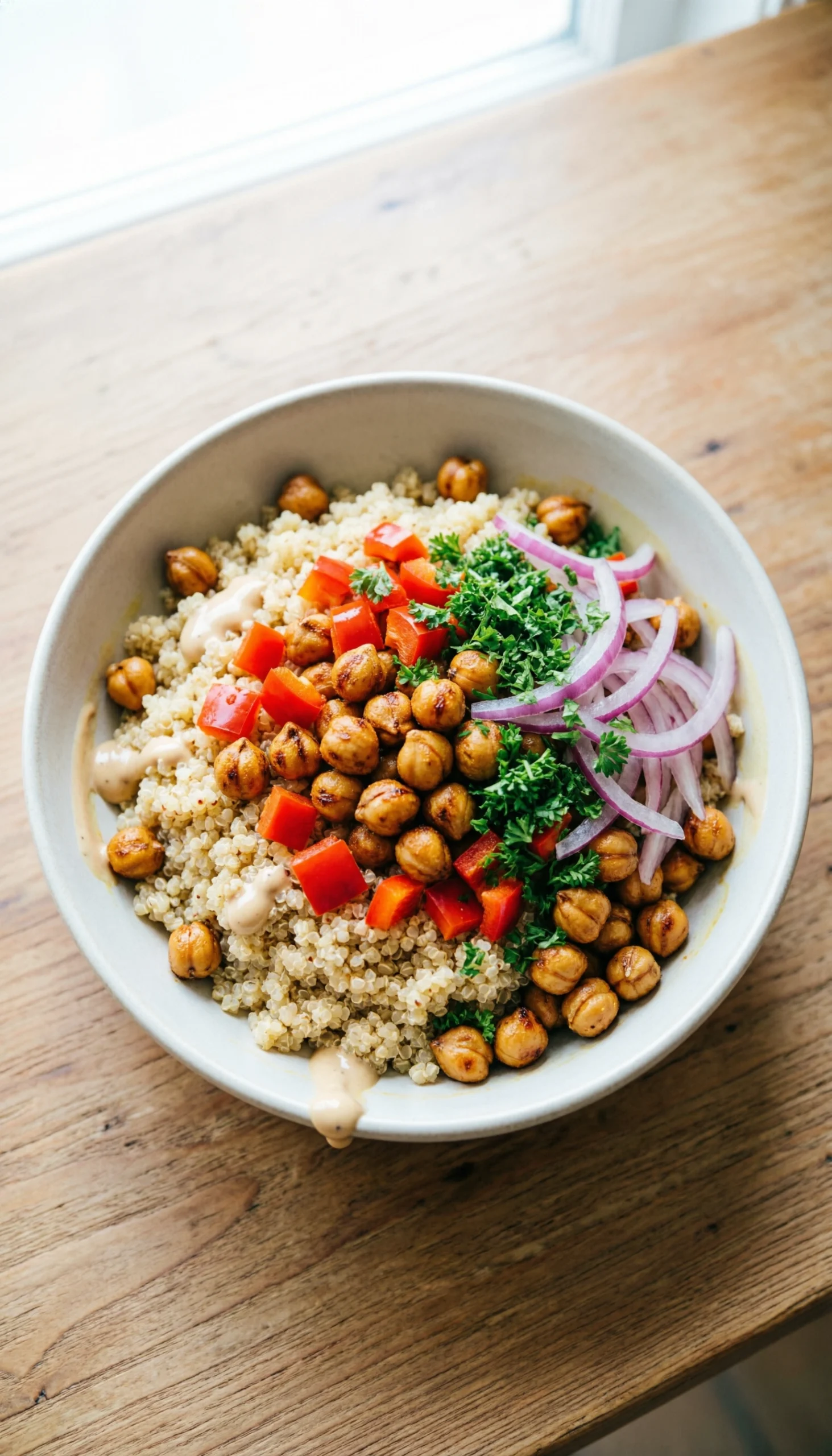 Colorful Quinoa And Chickpea Protein Bowl, Featuring Quinoa, Chickpeas, Bell Peppers, Parsley, Onions, And Tahini.