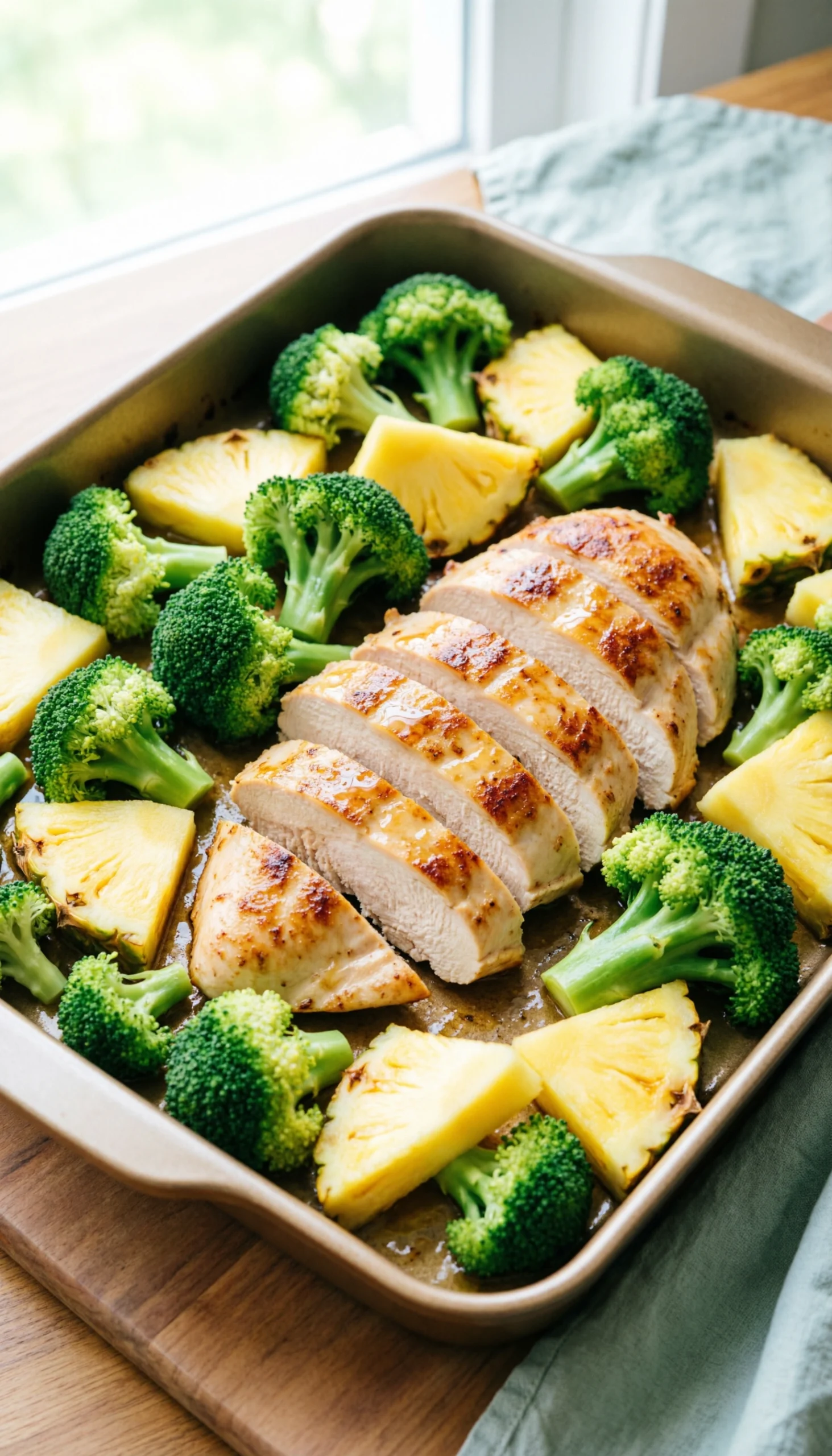 Colorful Sheet Pan With Sliced Chicken Breast, Broccoli Florets, And Pineapple Chunks, Lightly Glazed And Roasted To Golden Brown.