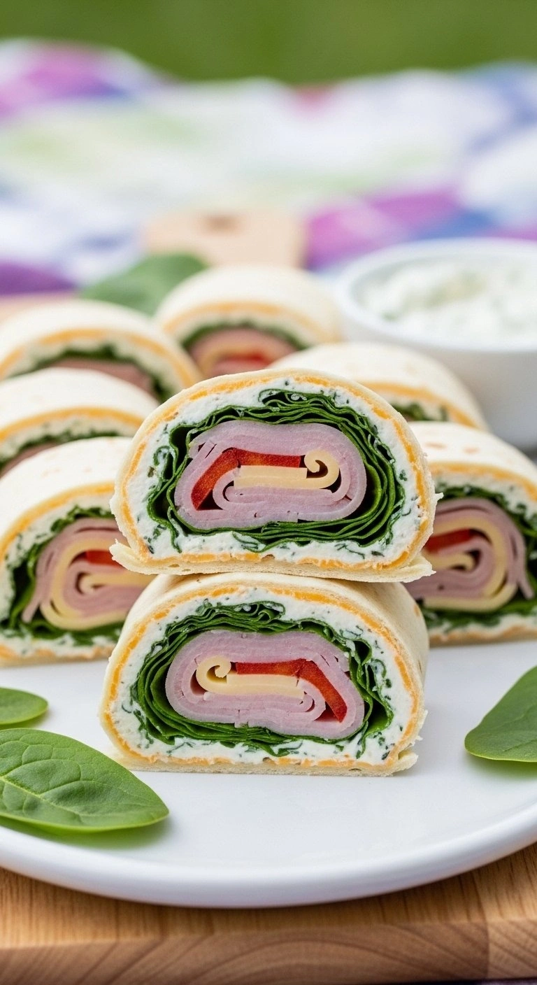 Colorful Turkey And Spinach Pinwheel Sandwiches Sliced On A Wooden Board At A Bright Outdoor Picnic Setting.